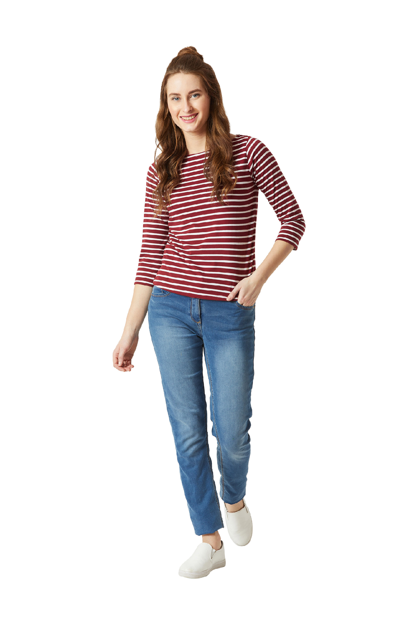 Miss Chase Maroon & White Striped Top