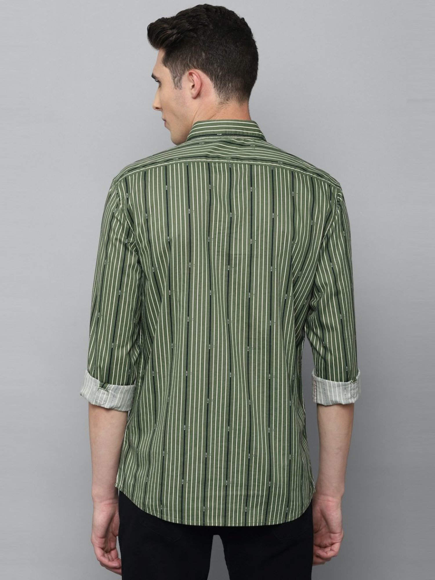 Louis Philippe Jeans Green Cotton Slim Fit Striped Shirt