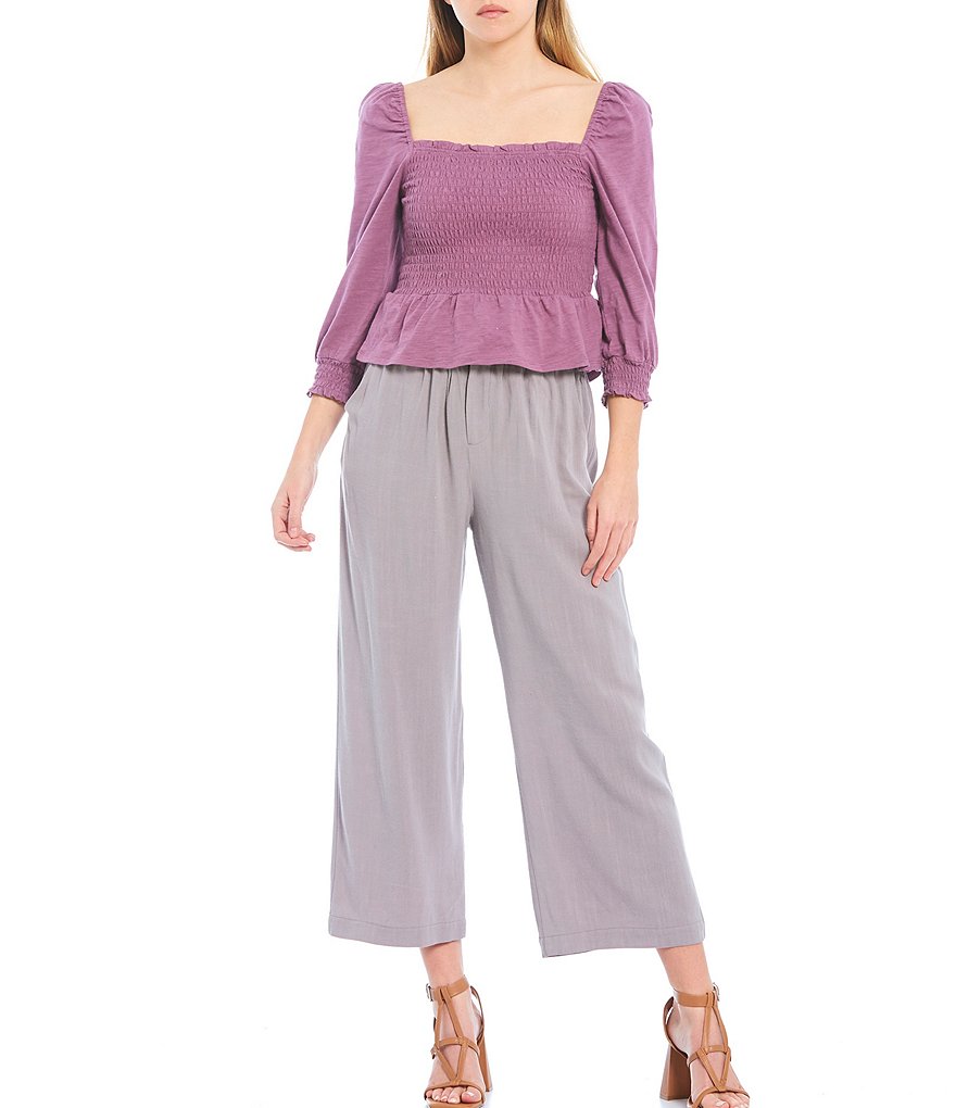 Shabby Chic Derby Slub Knit Square Neck Smocked Long Sleeve Flounce Hem Top