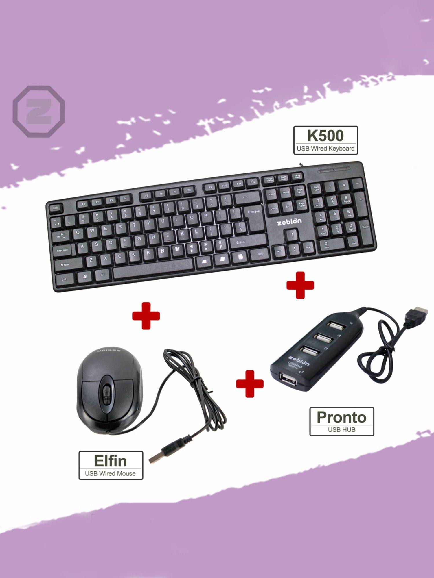 Zebion K500 Keyboard and Elfin Mouse Combo Set with Pronto 101 USB HUB (Black)