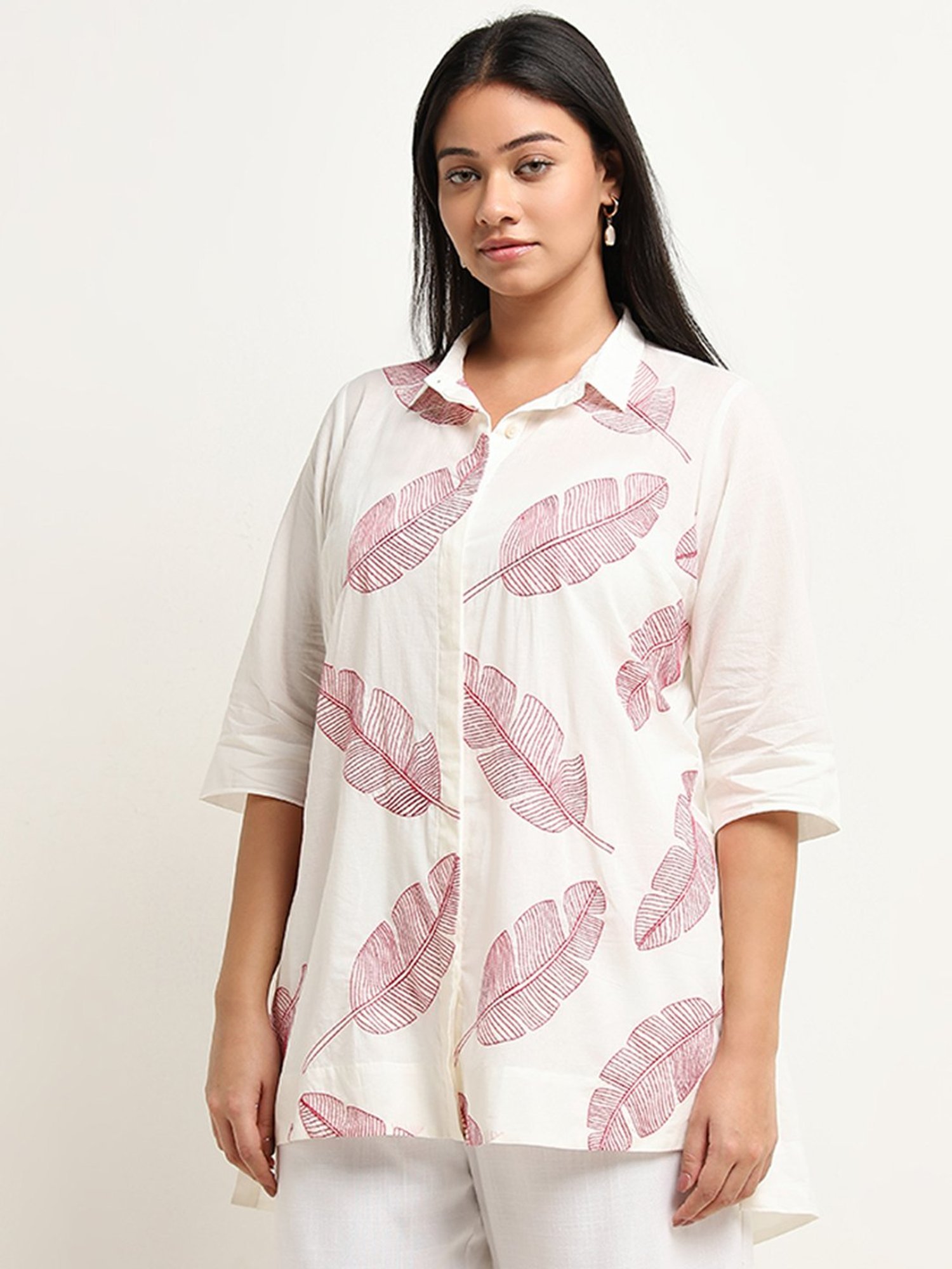 Diza by Westside Red Leaf Embroidered High-Low Cotton Tunic