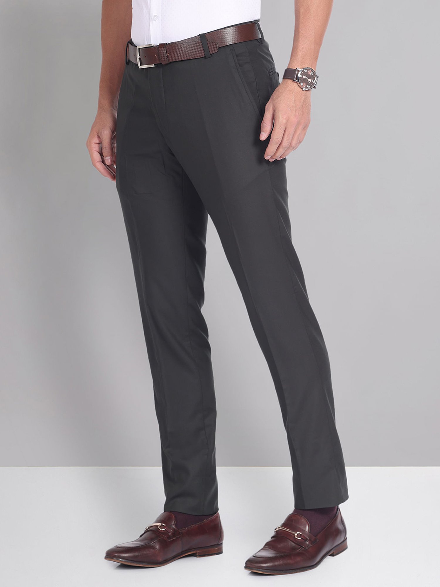 AD by Arvind Dark Green Slim Fit Flat Front Trousers