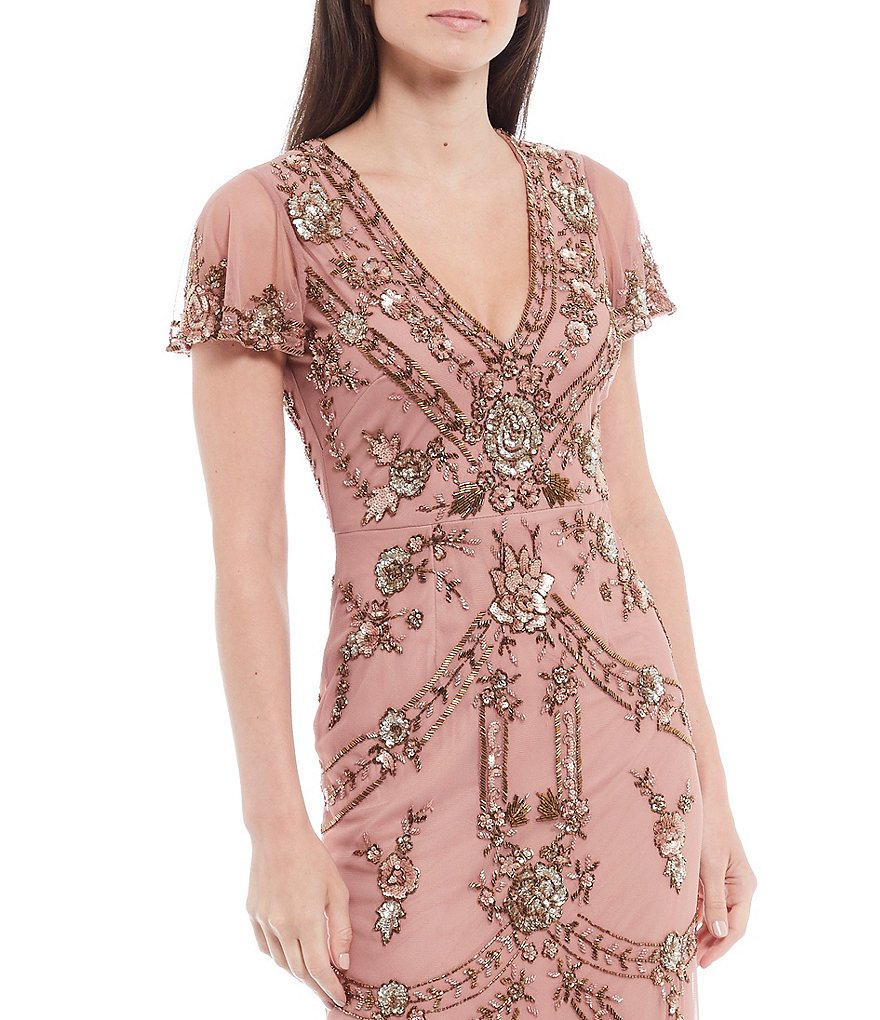 Aidan Mattox V-Neck Short Sleeve Beaded Gown