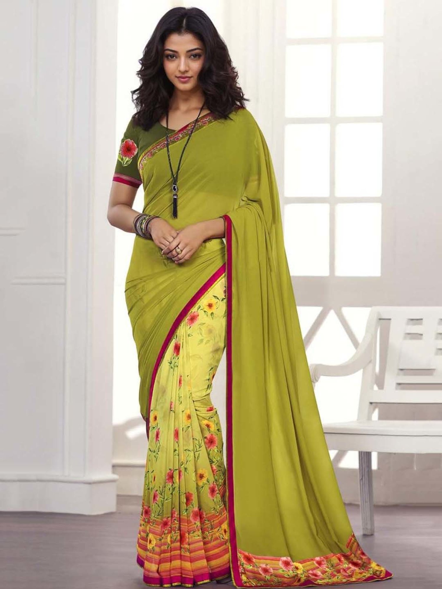 Rangita Lime Green Printed Saree With Blouse