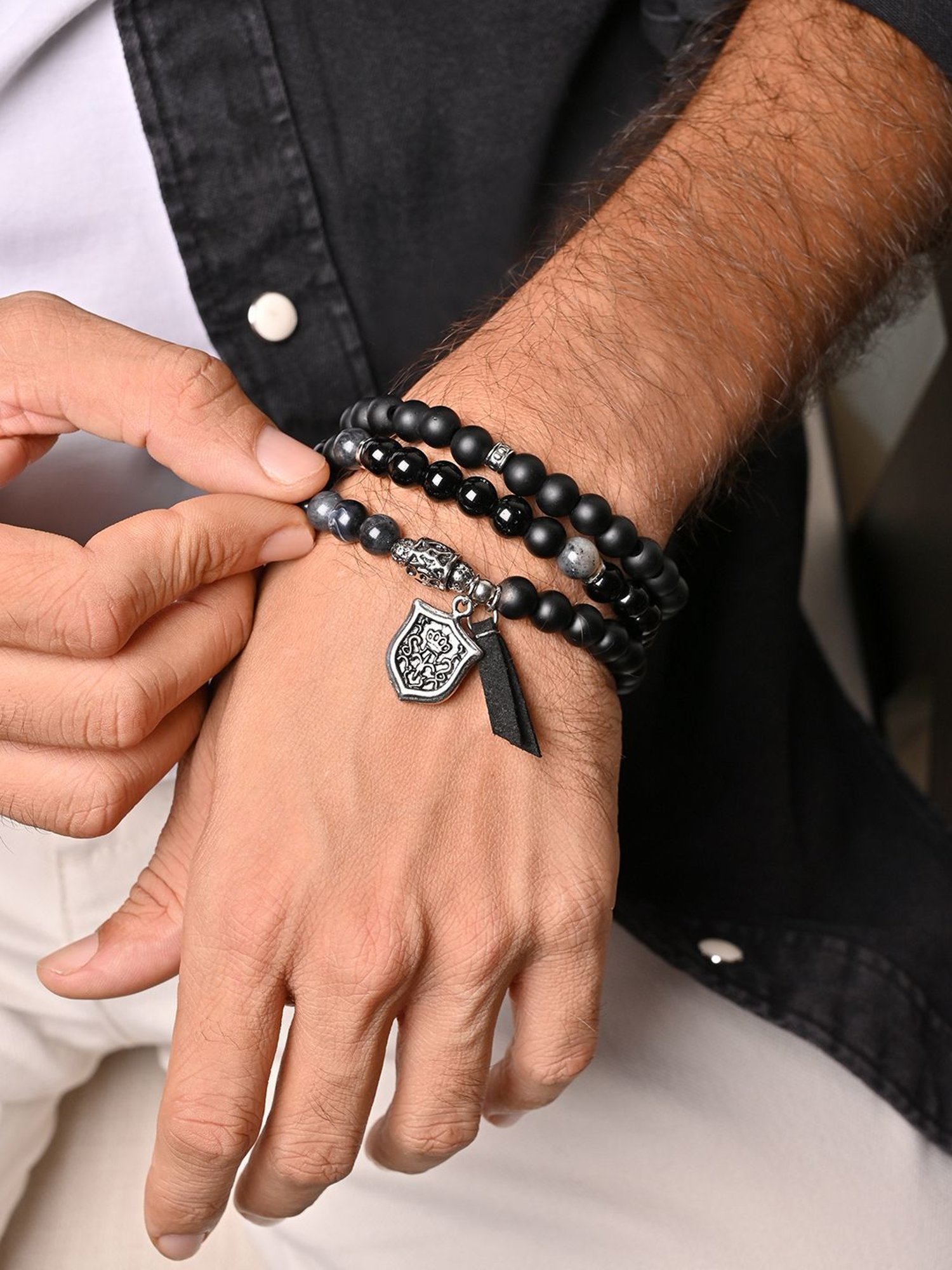 The Bro Code Black Casual Party Men's Beaded with Charm Stack Bracelet - Set of 3