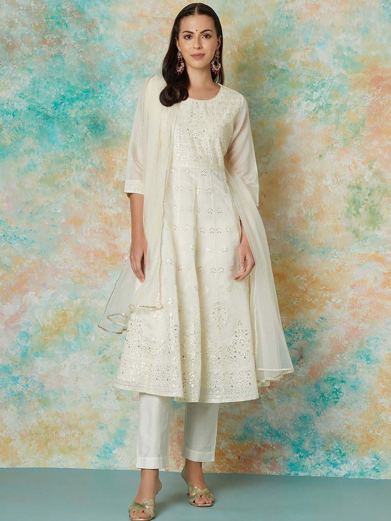 Melange by Lifestyle Off White Embroidered Kurta & Pant Set With Dupatta