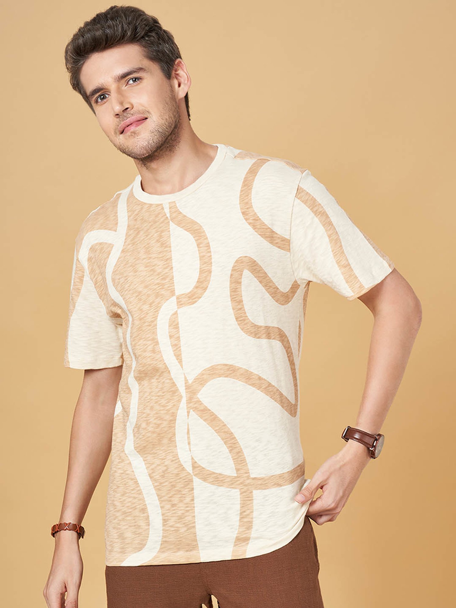 7 Alt by Pantaloons Off White Cotton Relaxed Fit Printed T-Shirt