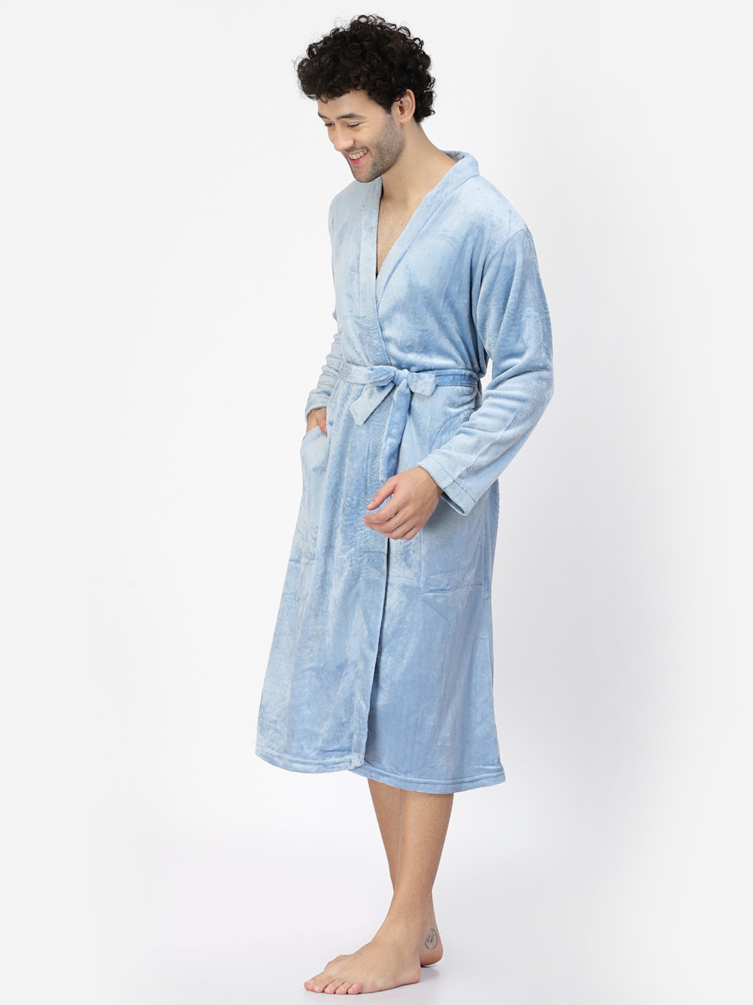 Klotthe Embellished Blue 210 GSM Cotton Bath Robe with Belt