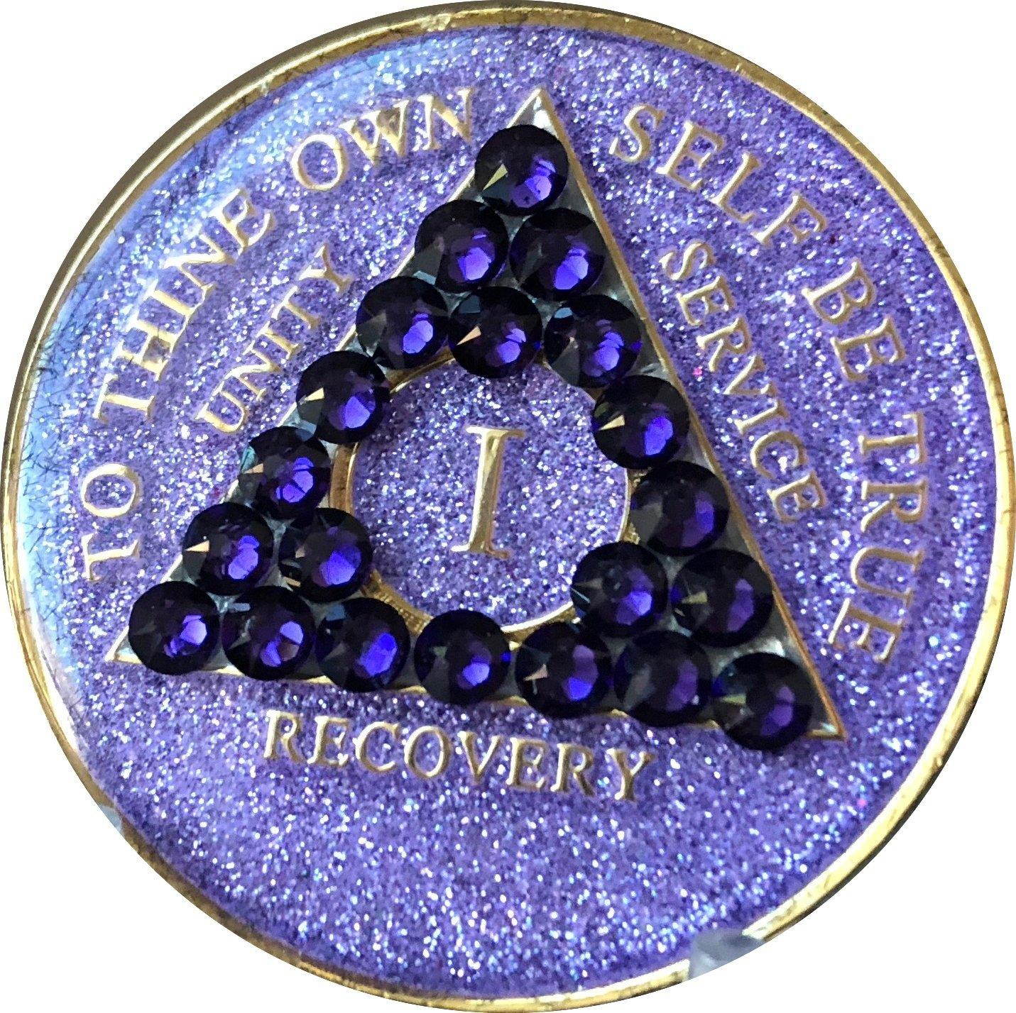 1 Year AA Medallion Purple Glitter With Swarovski Crystal Purple Velvet Chip