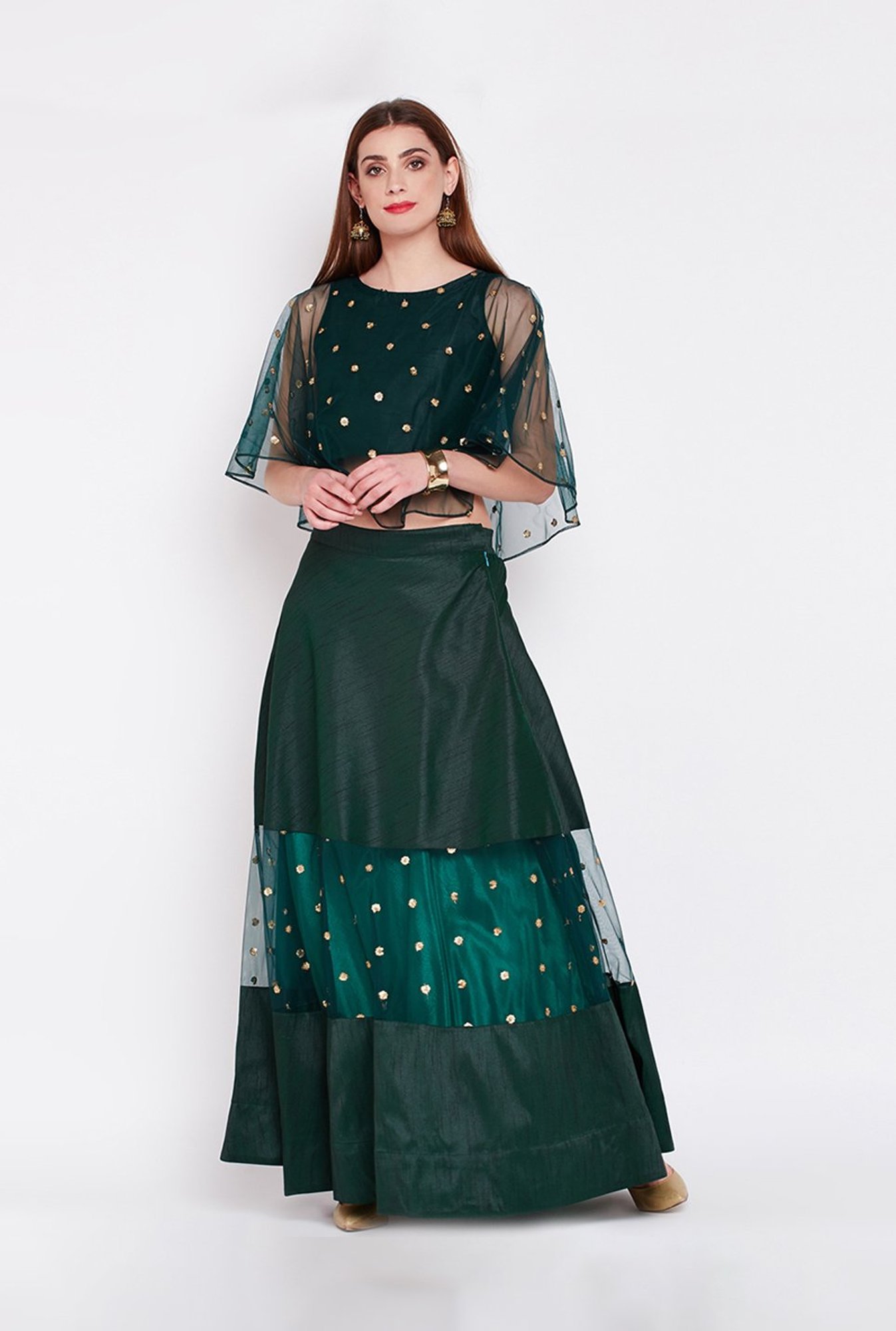 Studio Rasa Green Embellished Cape Top