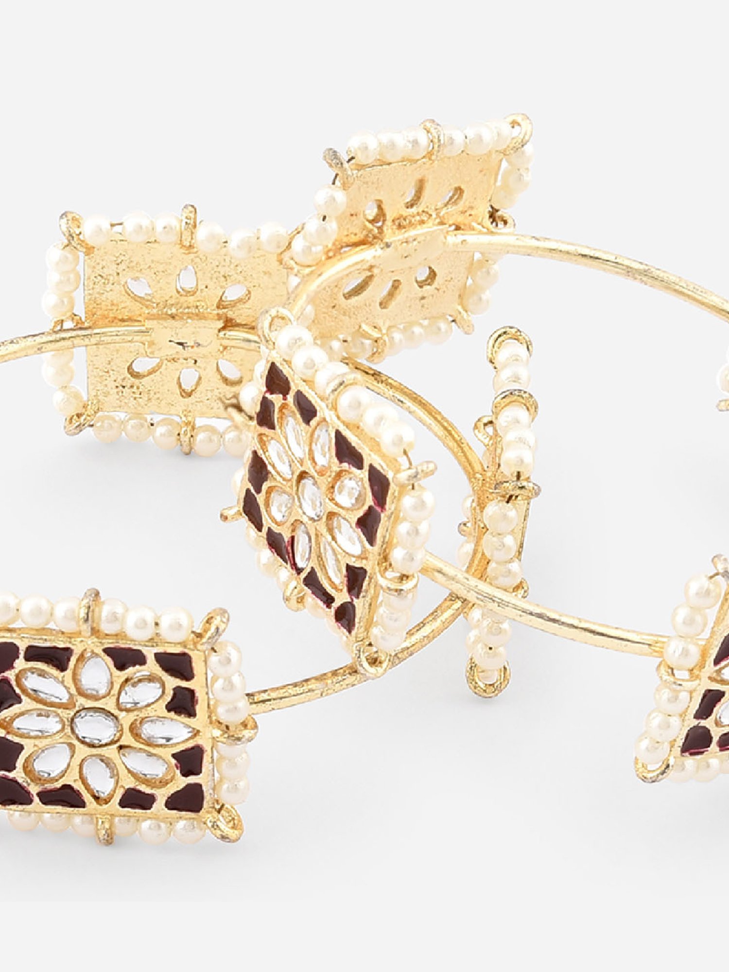 Fida Maroon Enamelled Kundan Beads Gold-Plated Square Bangles for Women - Set of 2
