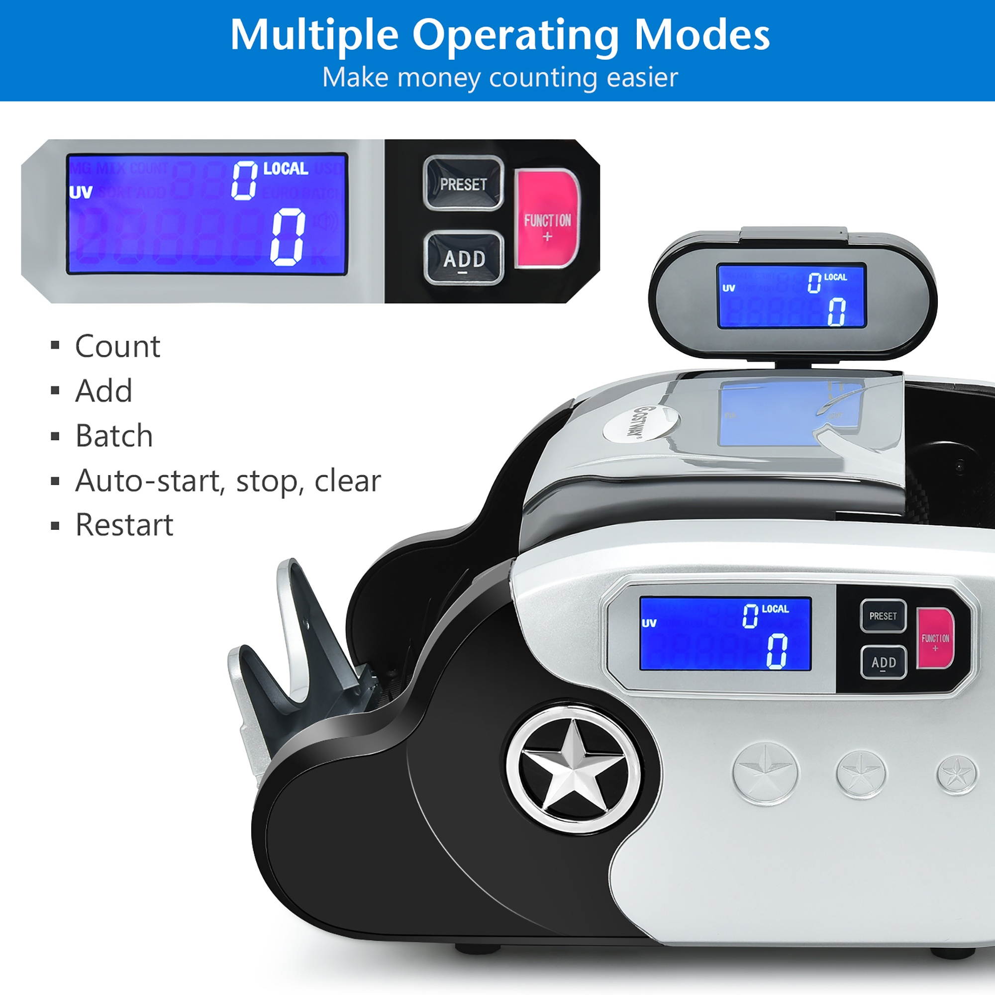 Costway Money Counter Bill Counting Machine w/ UV/MG/IR/MT Counterfeit Detection