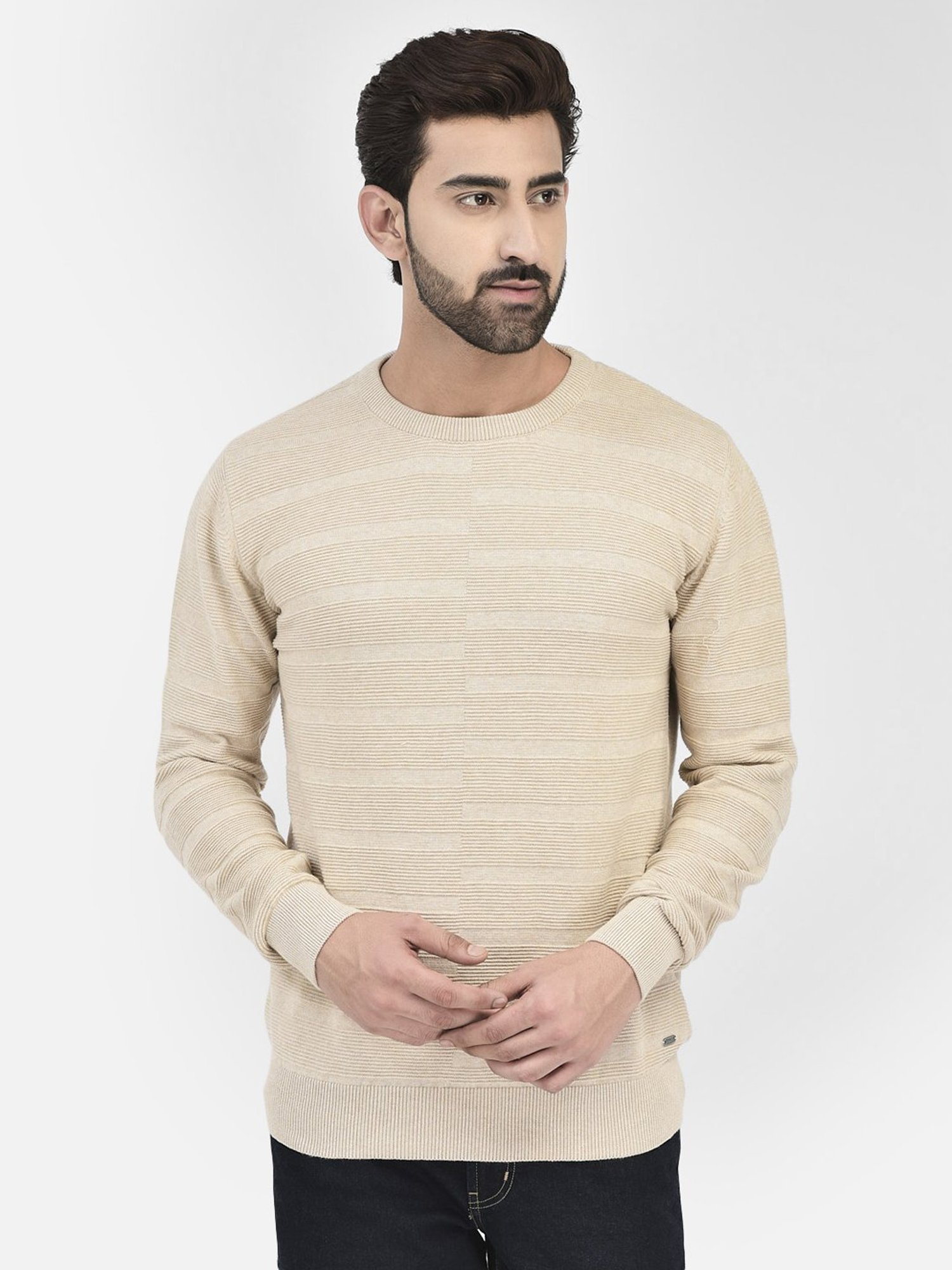 Crimsoune Club Beige Regular Fit Self Design Cotton Sweater
