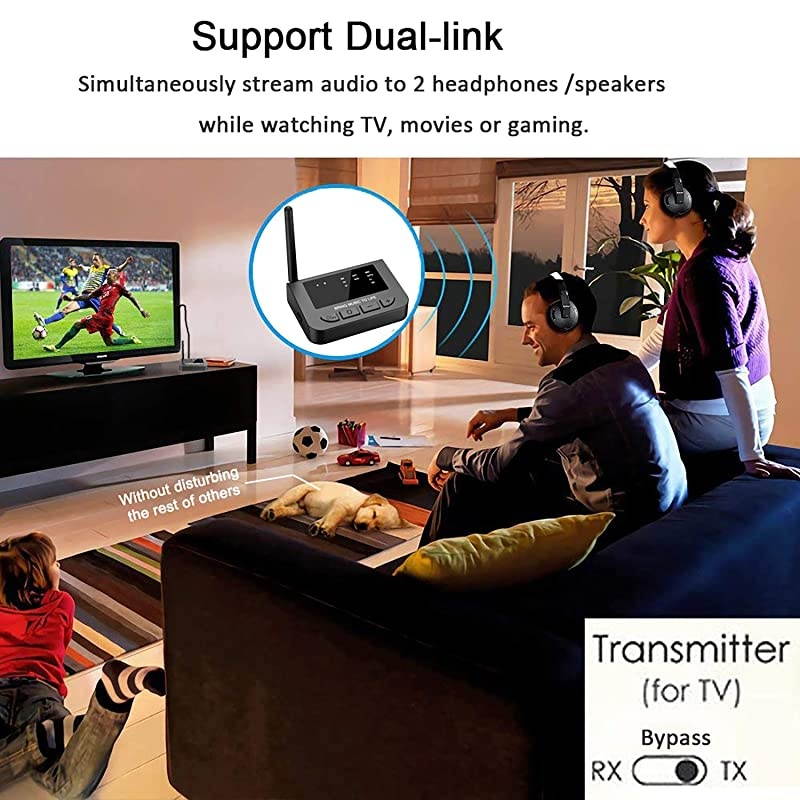 Long Range Bluetooth 50 Transmitter Receiver for TV 40MS Low Latency Wireless HD Audio Adapter with PassThru for Home Stereo Optical AUX RCA Always ON Dual Stream Pair with AirPods