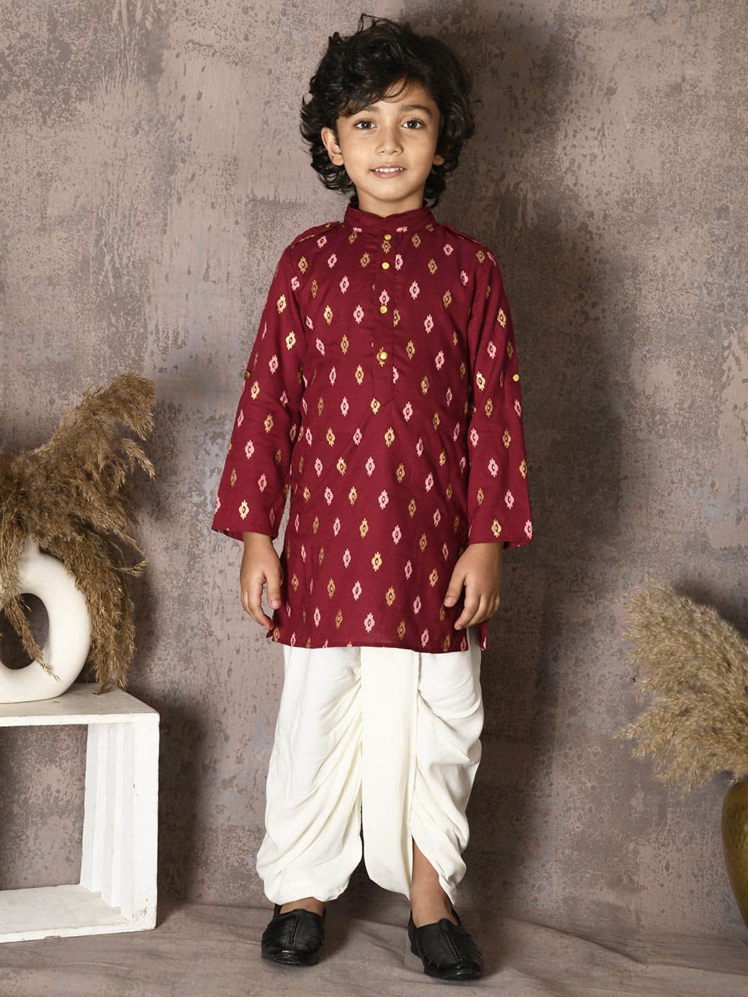 LilPicks Kids Maroon & White Printed Full Sleeves Kurta Set