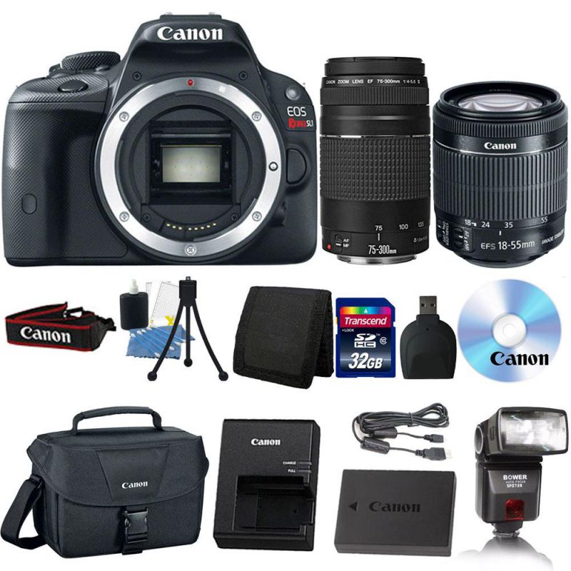 Bower SFD728C E-TTL Flash for Canon + 58mm 3pc Filter Kit + Macro Kit + Wide Angle & Telephoto Lens + 32GB Memory Card  +  DSLR Backpack + Cleaning Kit + Large Tripod + Small Tripod