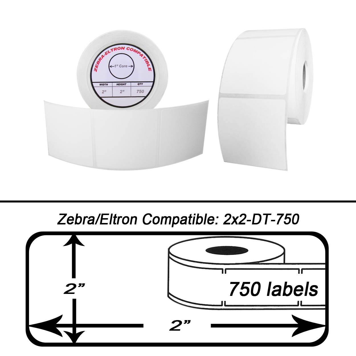 Zebra/Eltron-Compatible 2 x 2 Labels (2" x 2") -- BPA Free! (1 Roll; 750 Labels)