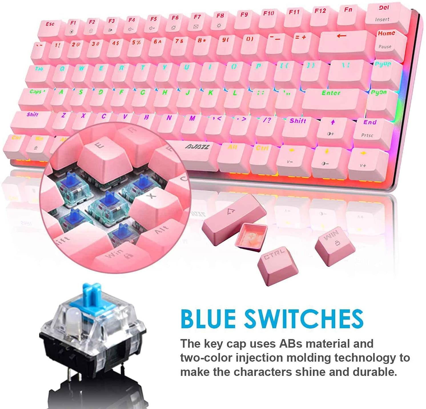 Pink Mechanical Keyboard, Rainbow LED Backlit Detachable USB Cable 82 Keys Compact Gaming Keyboard and Mouse Pad with Anti-Ghosting Key Compatible with Windows PC Laptop Mac Game Office
