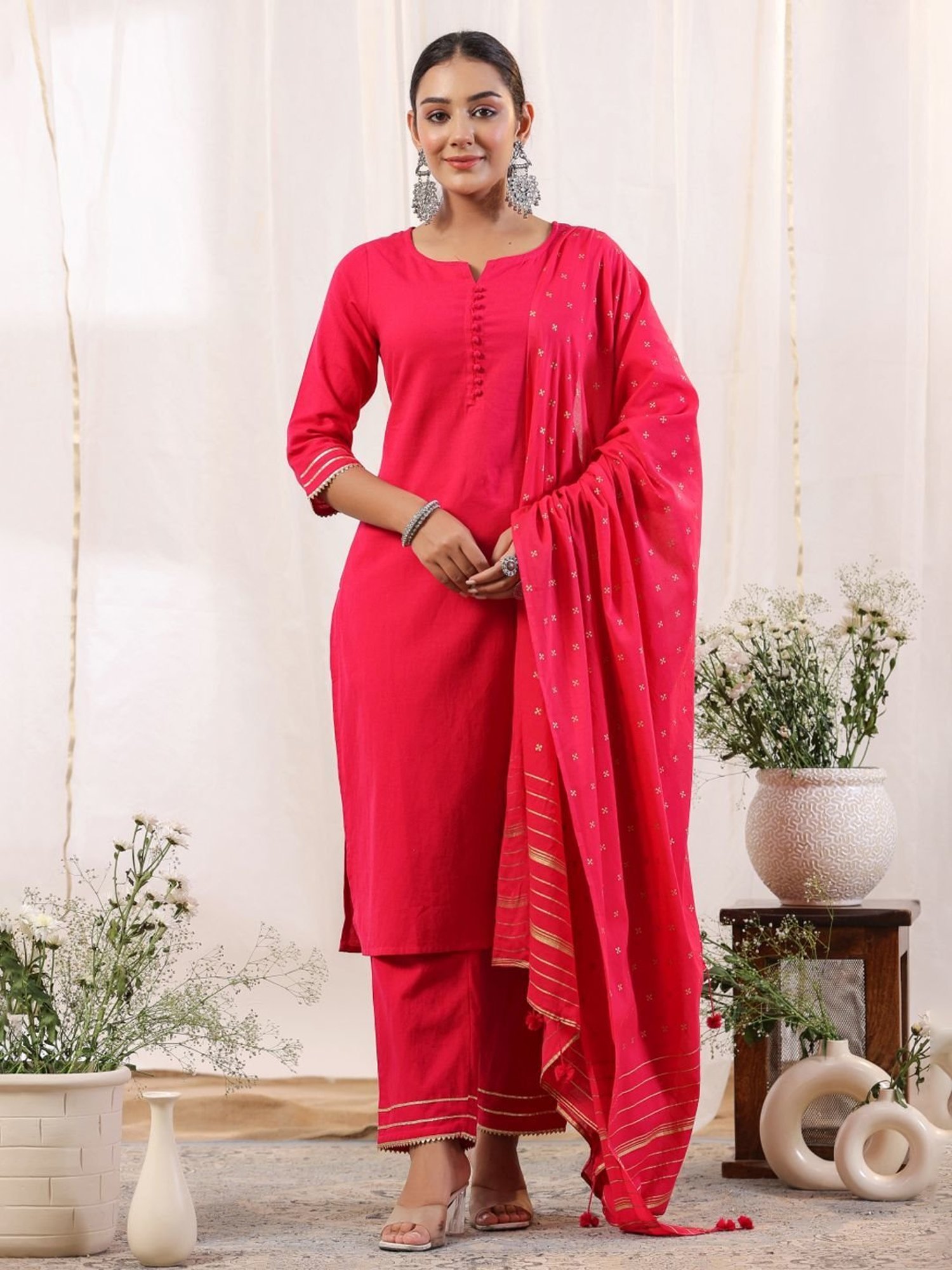 Anubhutee Pink Cotton Kurta Pant Set With Dupatta