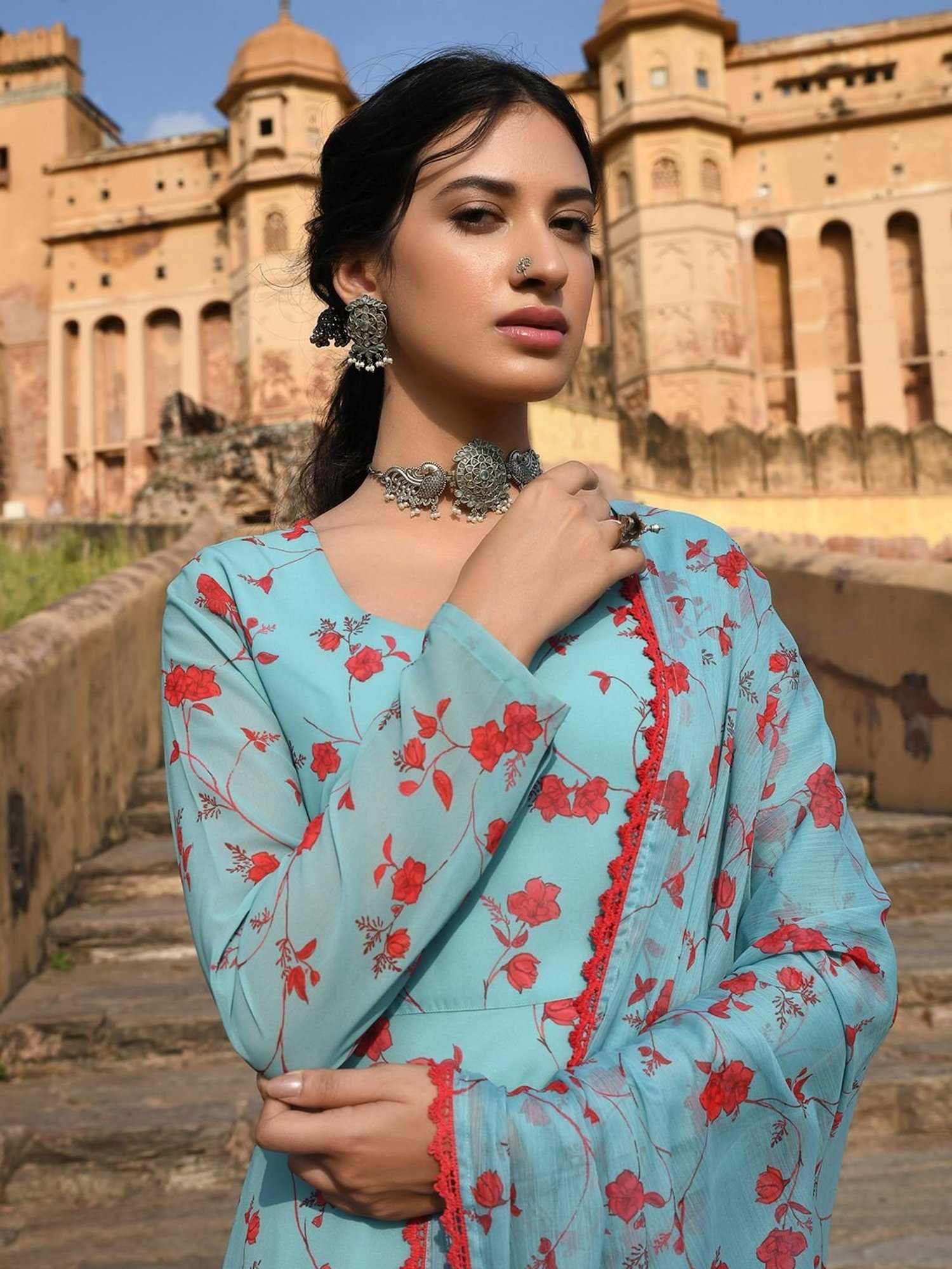 Janasya Sea Green & Red Floral Print Kurta Palazzo Set With Dupatta
