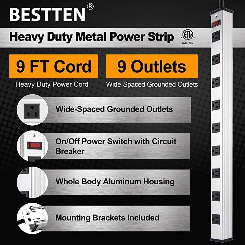 9 Outlet Wide-Spaced Metal Power Strip with 9 Foot Long Extension Cord, 15A/125V/1875W, Heavy Duty Aluminum Alloy Housing, ETL Listed, Silver