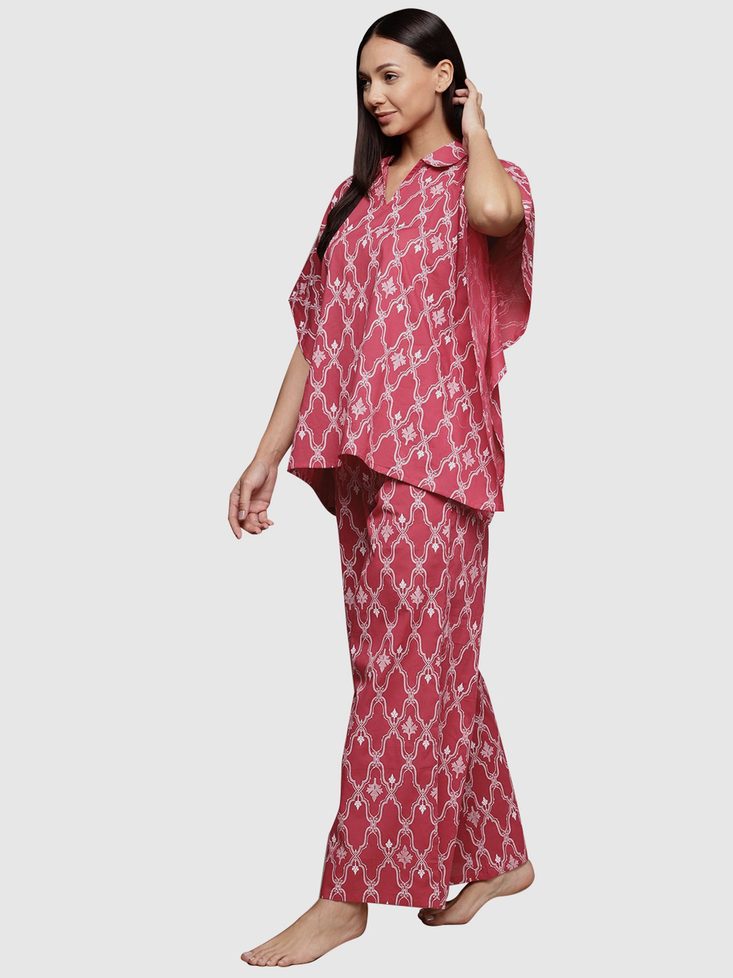 Ziyaa Pink Cotton Printed Kaftan Pyjama Set
