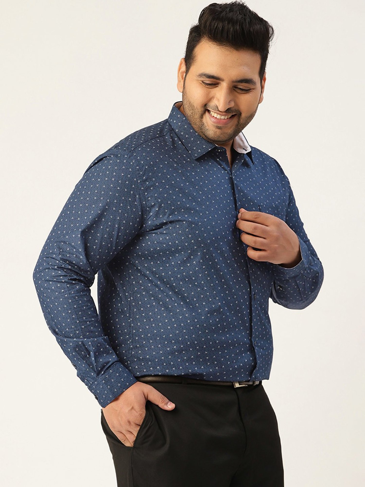 IVOC Plus Navy Regular Fit Printed Plus Size Cotton Shirt