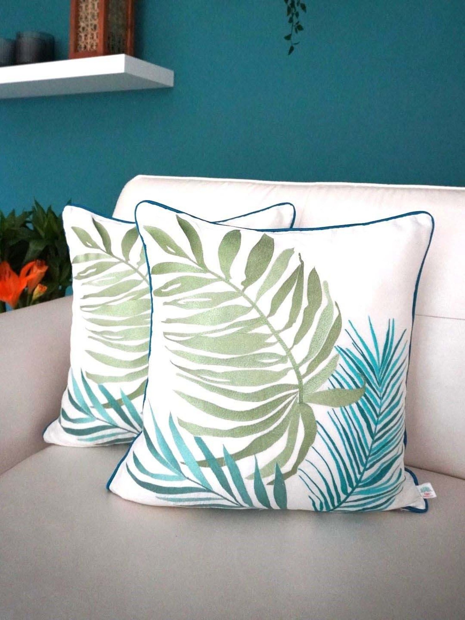 TARA Sparkling Homes Palm Springs Teal Blue & Beige Cotton Cushion Cover - Set of 4