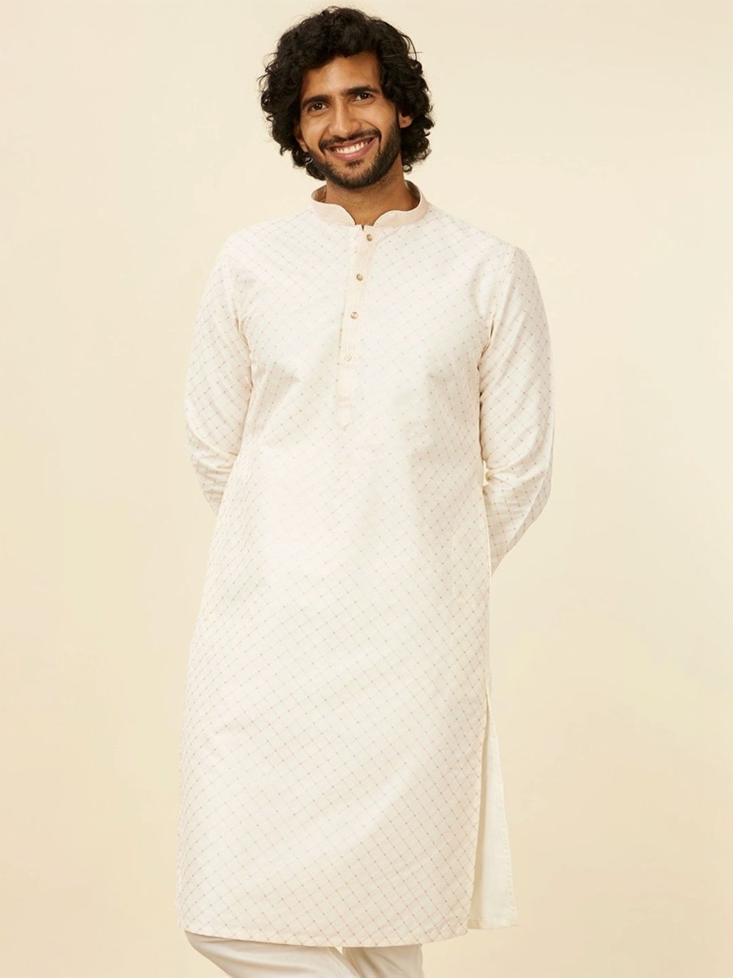 Manyavar Warm White Regular Fit Embroidered Kurta Bottom Set