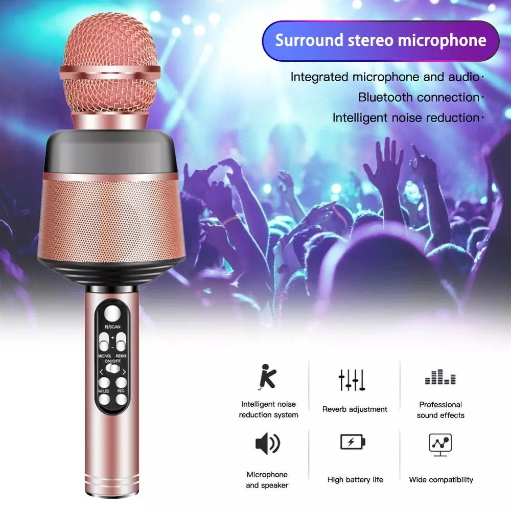 Wireless Microphone with Flashing Lights Portable Handhold Mic Speaker Cardioid for Mobile Phone Singing Music Apps DSP Chip
