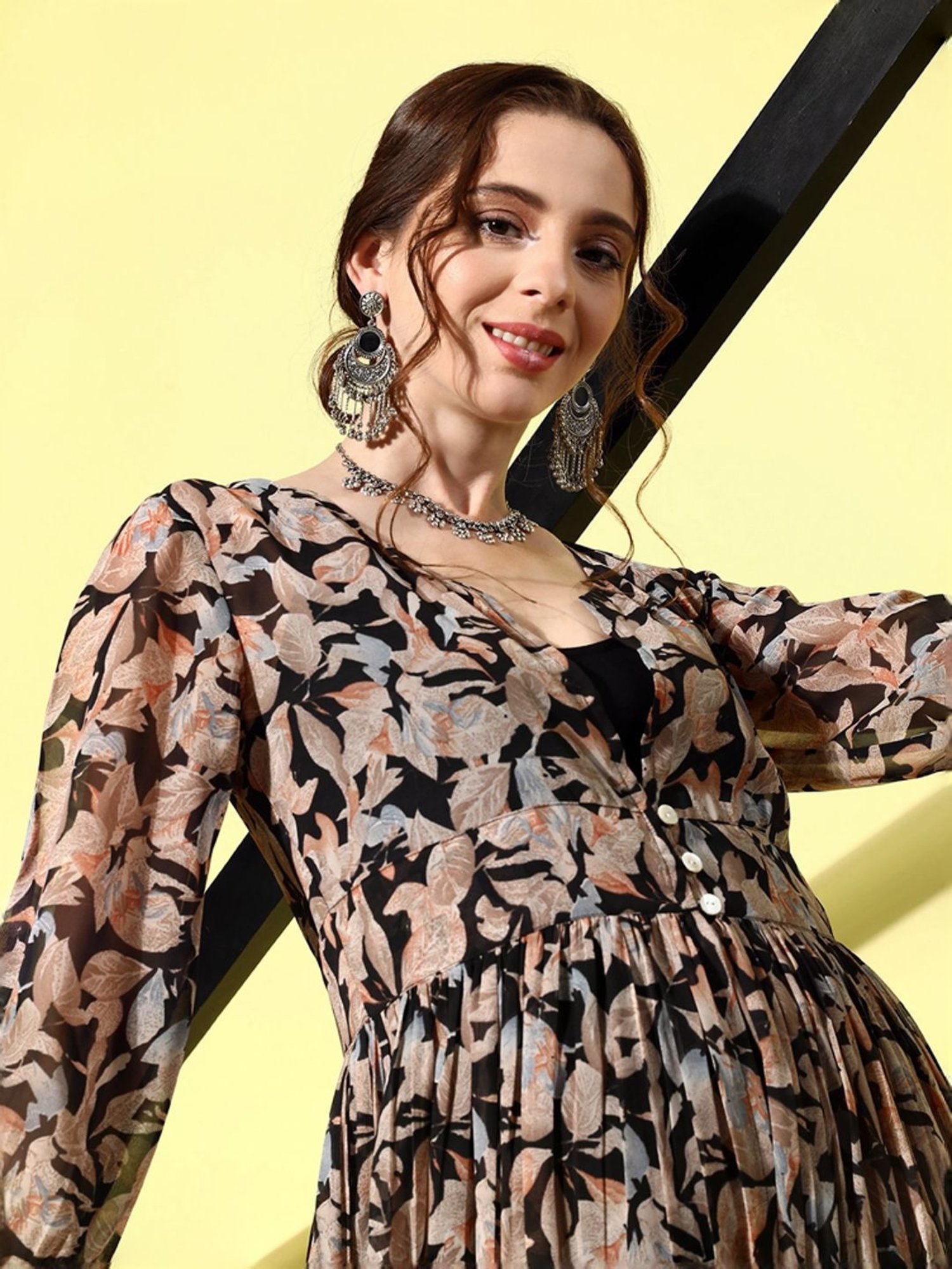 Saffron Threads Black Cotton Floral Print Ethnic Dress