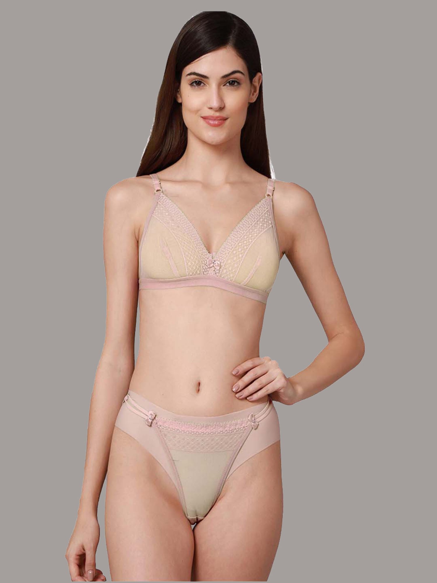 AROUSY Red & Beige Self Pattern Bra Panty Set - Pack Of 2