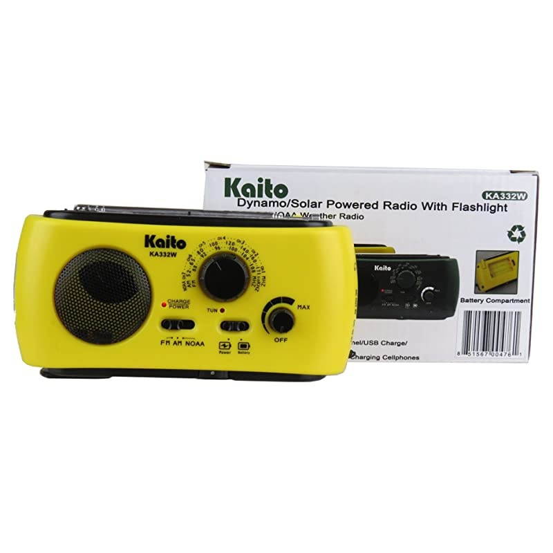 KA332W Portable Hand Crank Solar AMFM NOAA Weather Radio with Cell Phone Charger 3LED Flashlight Yellow