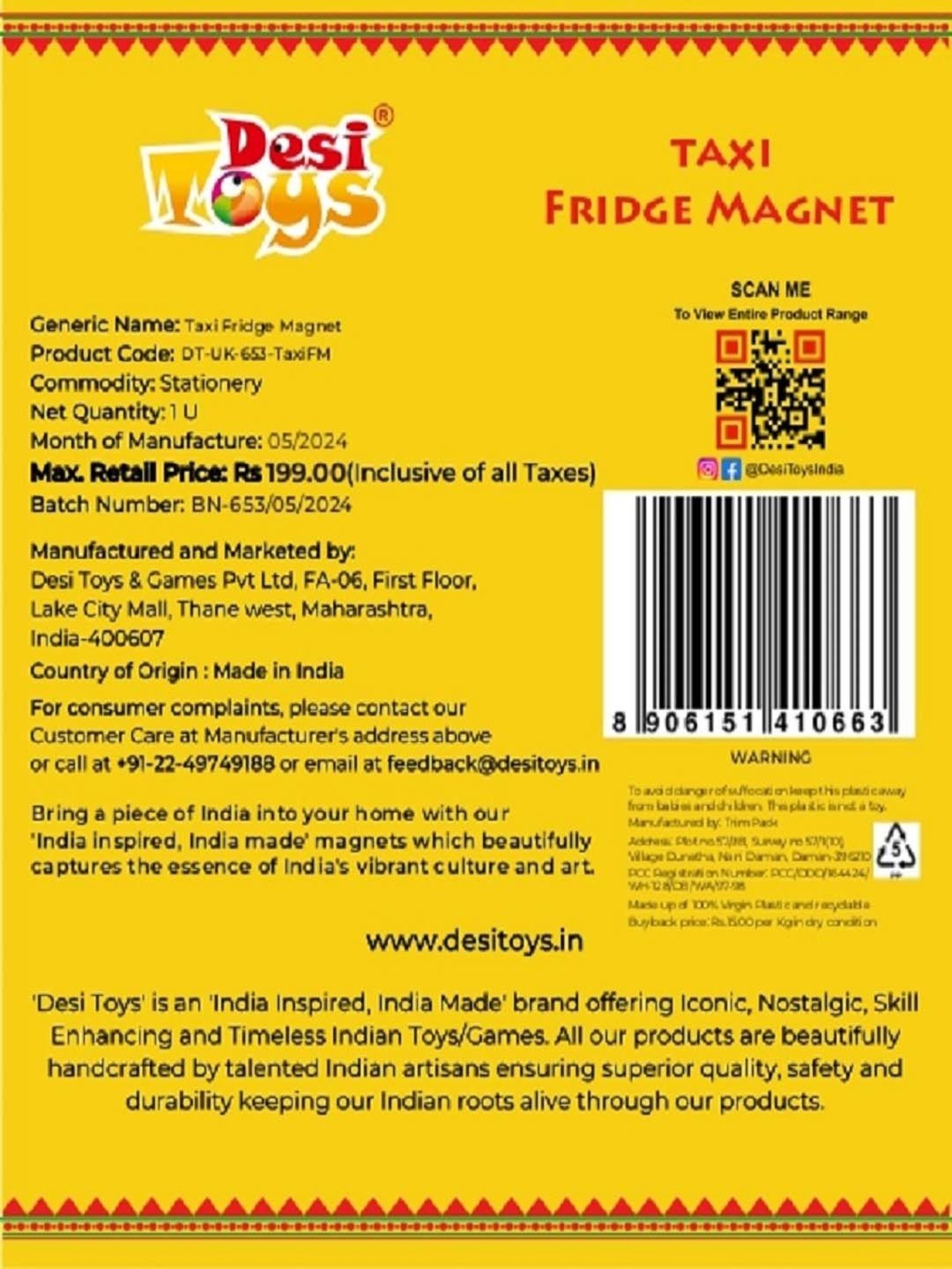 Desi Toys Kids Multicolor Taxi Fridge Magnet (3 x1.8 inches)