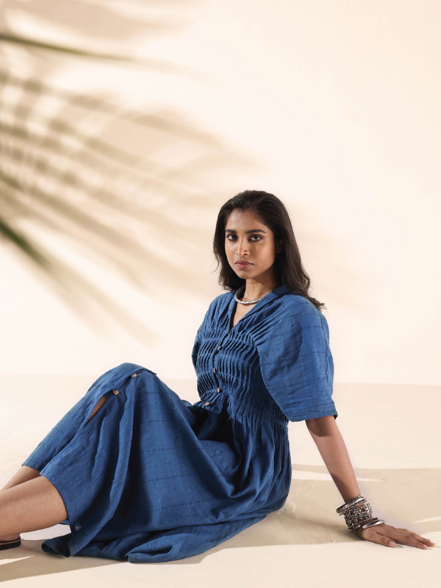 true Browns Blue Cotton Self Pattern A-Line Dress