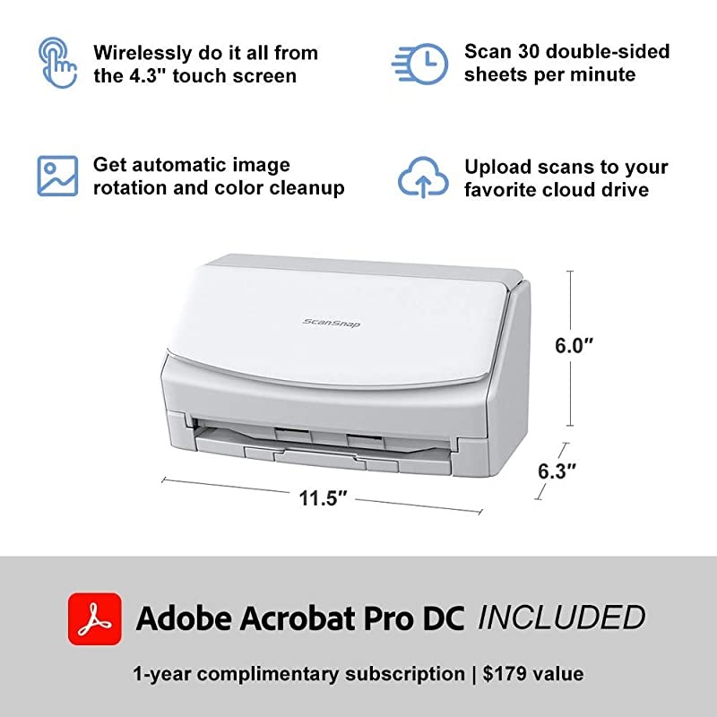 ScanSnap iX1500 Deluxe with Adobe Acrobat DC Pro for Mac & PC (White)