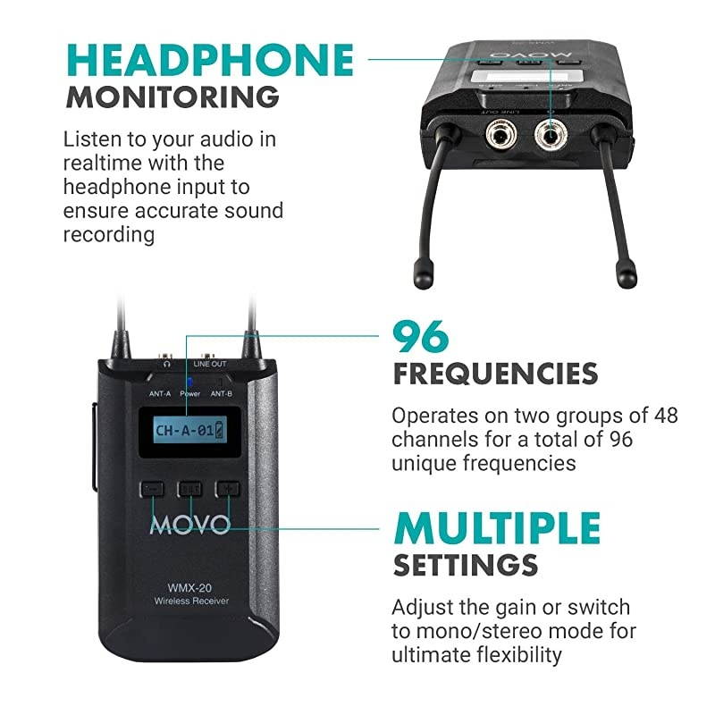 WMX20 48Channel UHF Wireless Lavalier Microphone System with 1 Receiver 1 Transmitter and 1 Lapel Microphone Compatible with DSLR Cameras 330 ft Audio Range