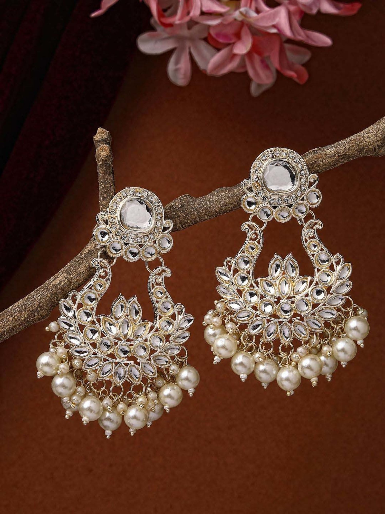 NVR Gold-Plated Kundan Chand Bali Earrings for Women