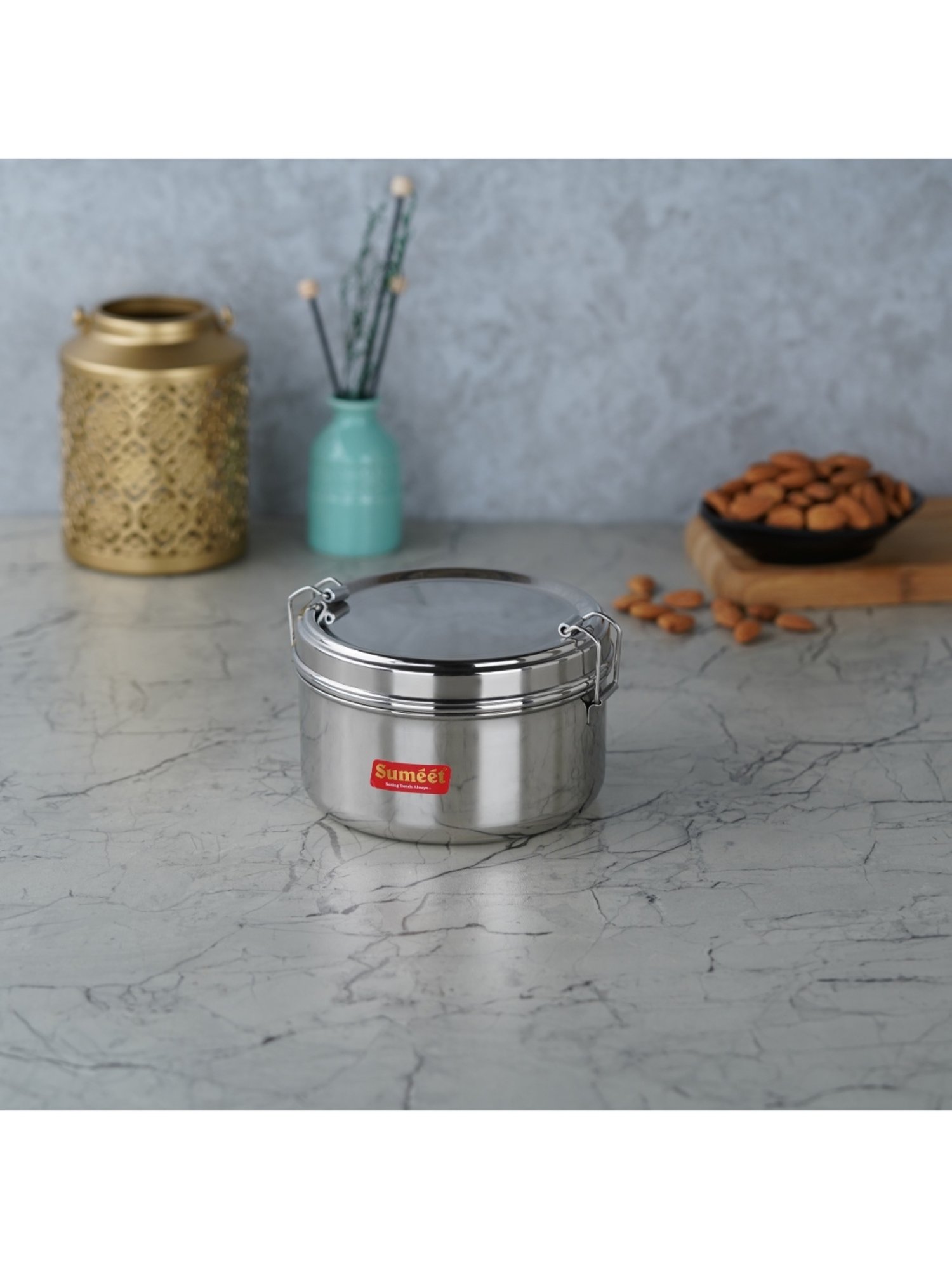 Sumeet S.S. Meal Pack Lunch Box/Tiffin with Steel Separator Plate & Locking Clip, 500ML, 13cm Dia,