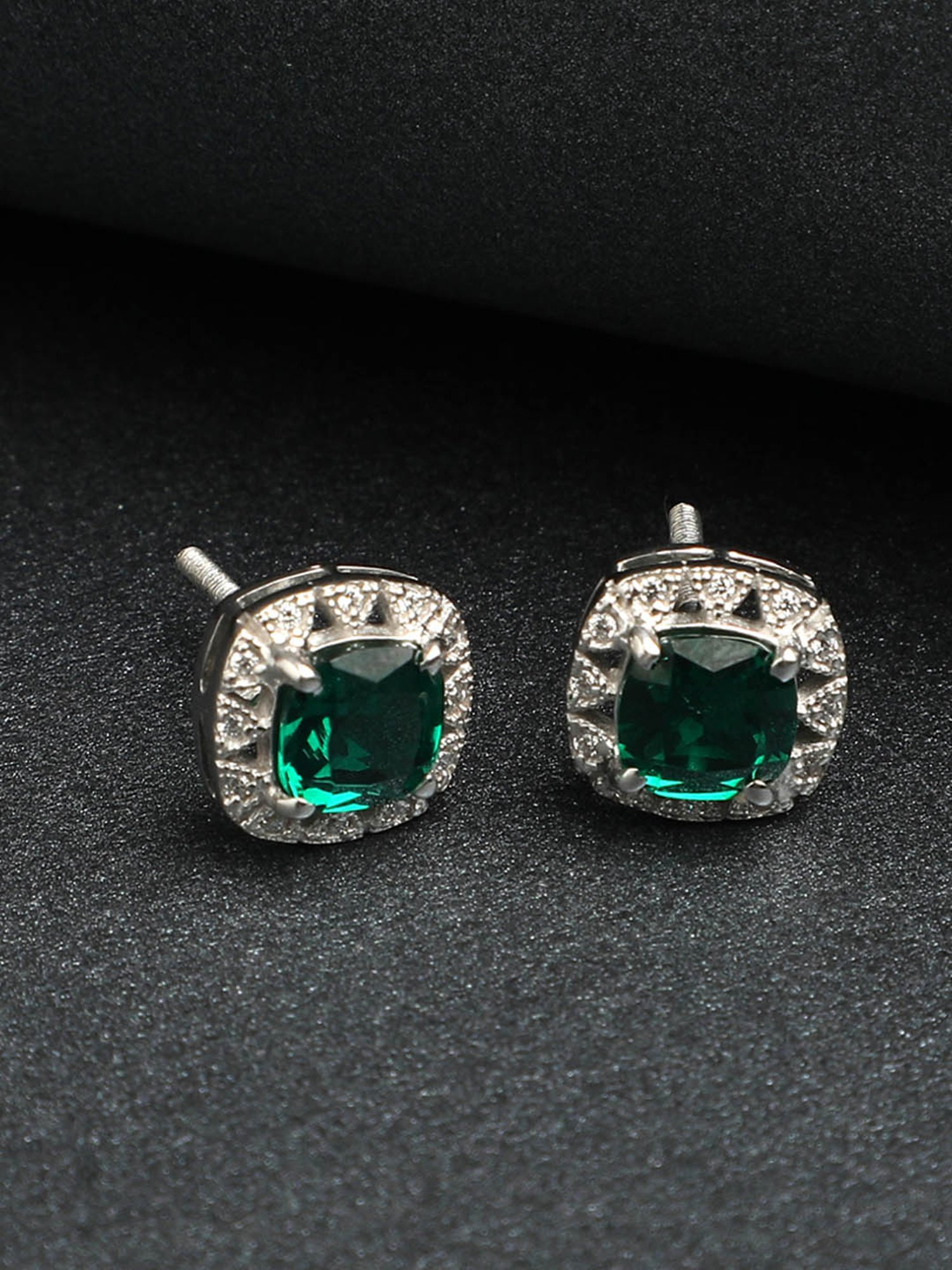 Clara 92.5 Sterling Silver Swiss Zirconia Dark Green Cushion Stud Earrings