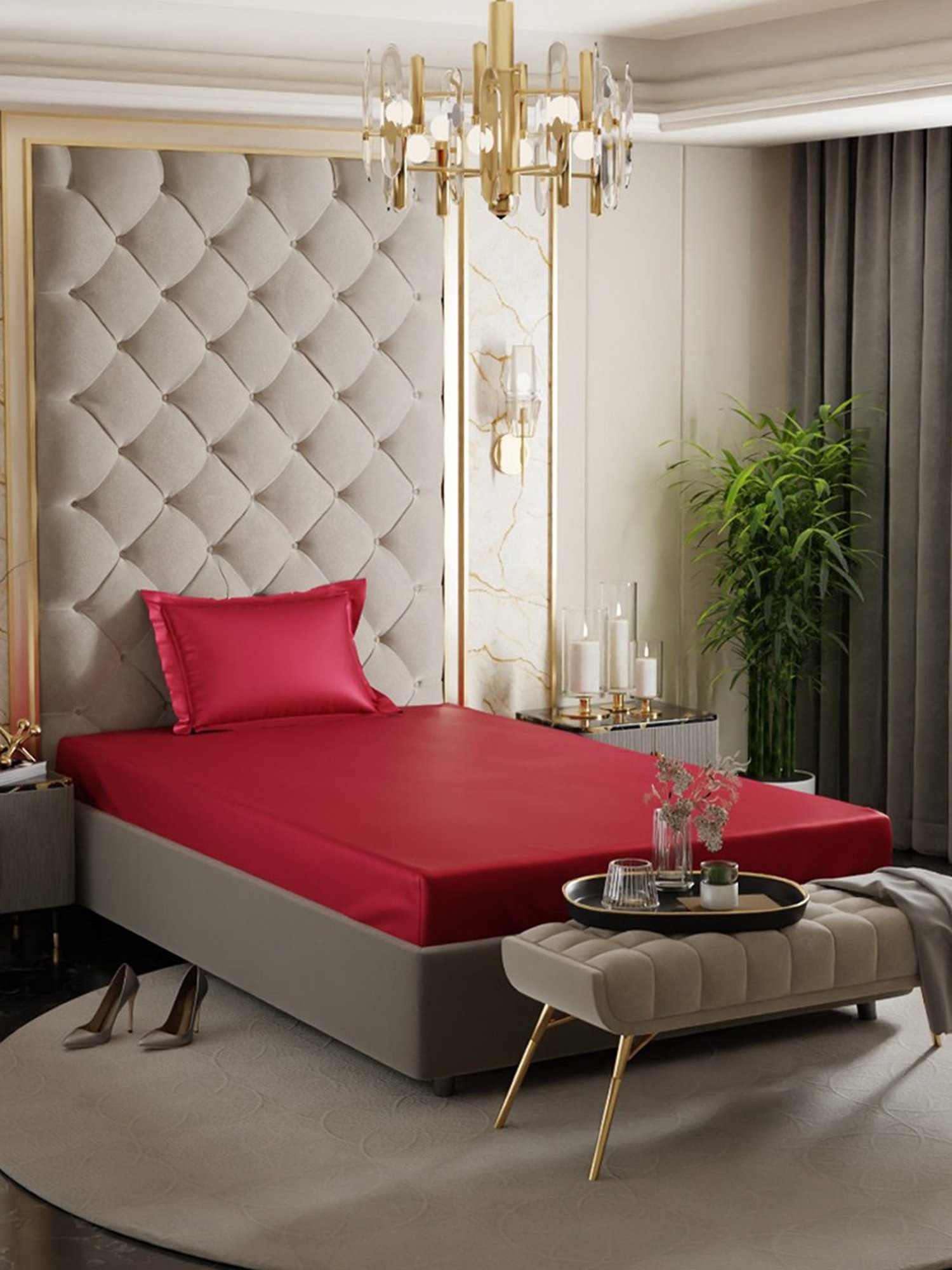 Stoa Paris Red 300 TC Polyester Single Fitted Sheet with 1 Pillow Cover