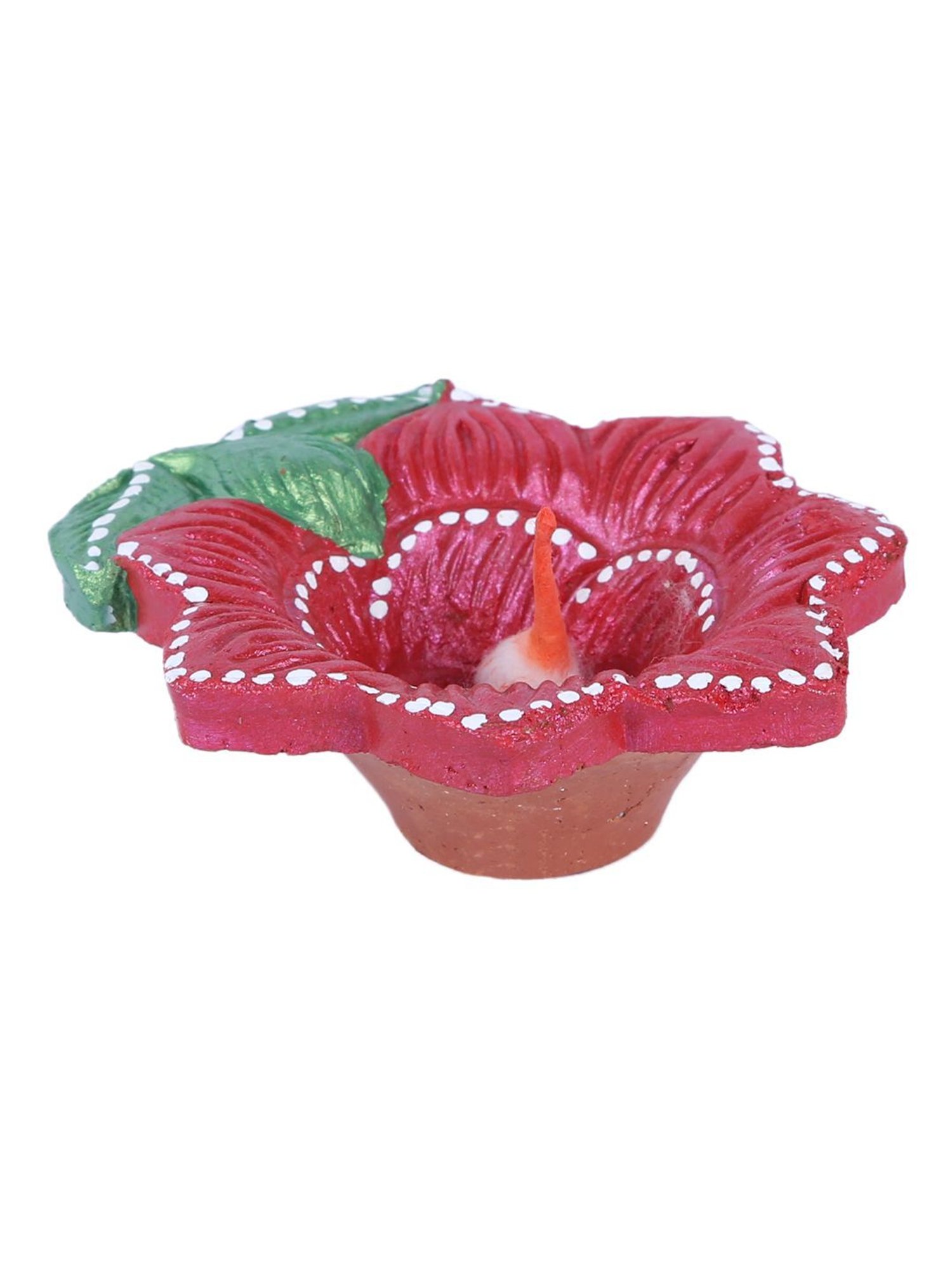 Aapno Rajasthan Red & Green Teracotta Floral Design Diyas for Diwali - Set of 4