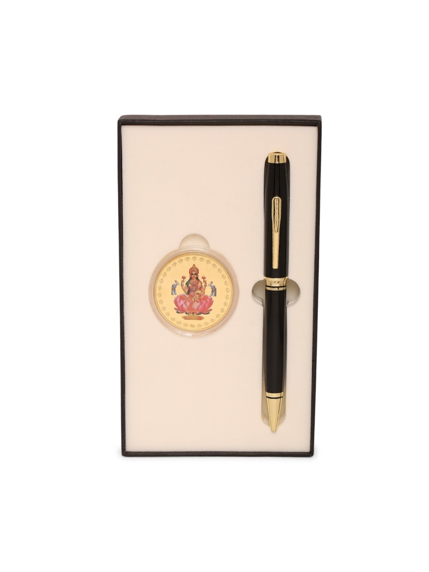 Cross Black Lacquer Gold Ballpoint Pen with Aarya KT Laxmi Coin