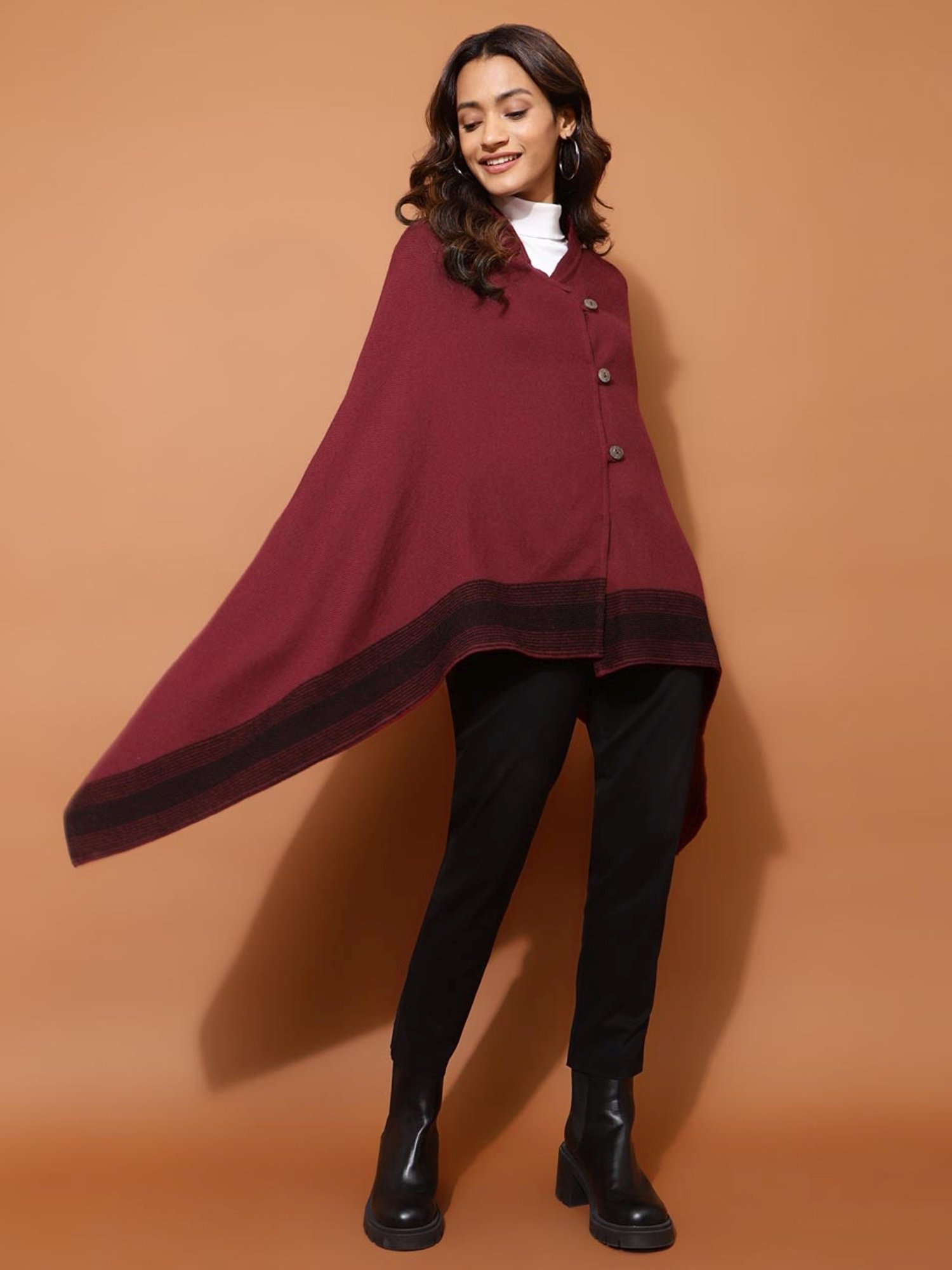 Fabindia Maroon Self Pattern Poncho