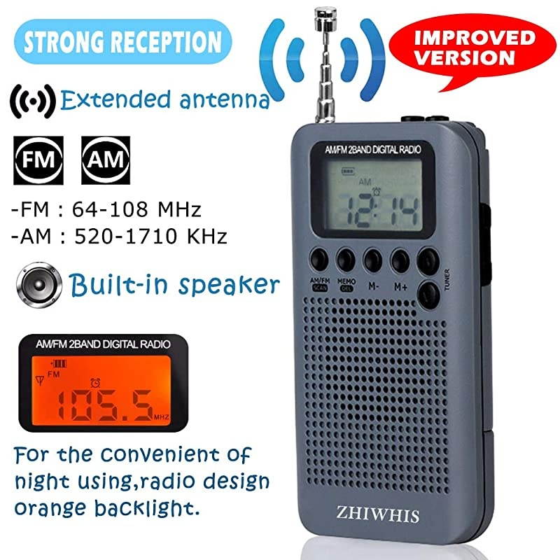 Mini LCD AM FM Battery Operated Portable Pocket Radio with Builtin Speaker and 35mm Headphone Jack Powered by 2AAA Battery Digital Alarm for WalkingTravel