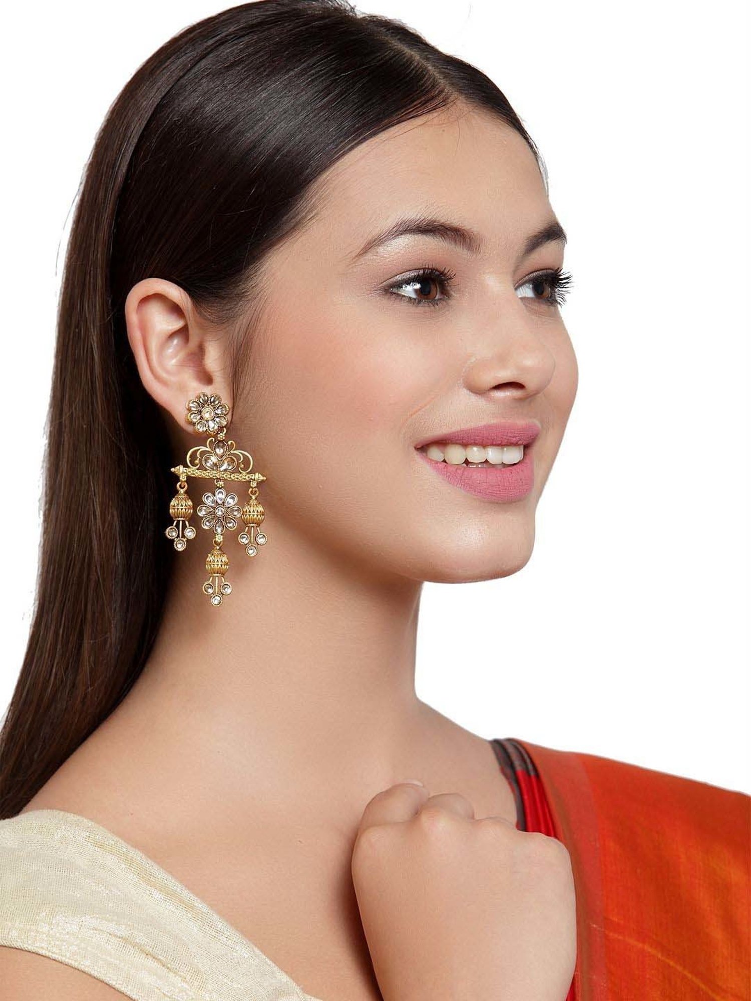 Panash Gold-Plated & Handcrafted Kundan Contemporary Shaped Dangler Earrings