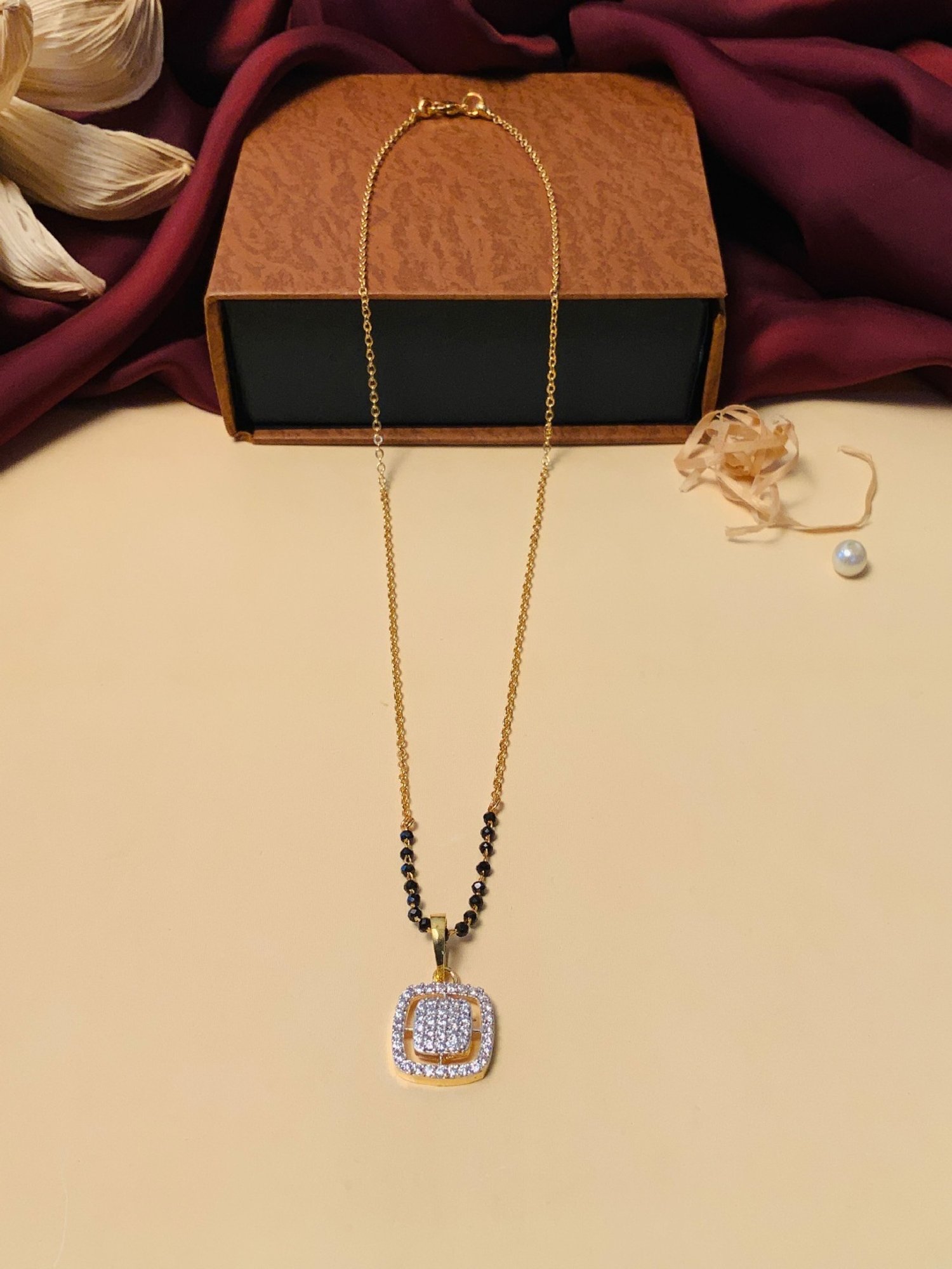 Abdesigns Gold-Plated American Diamond & Black Beaded Mangalsutra