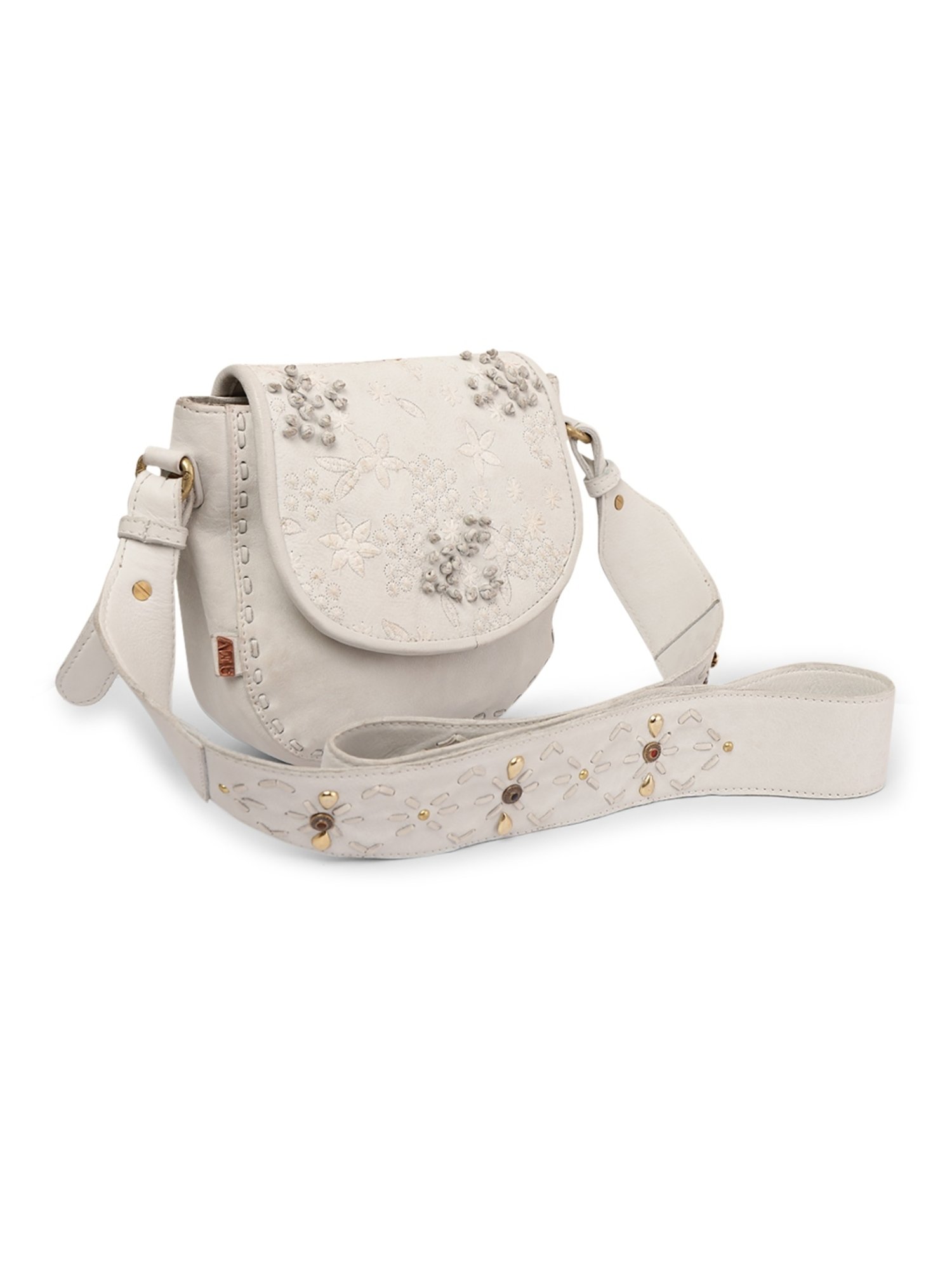 Art N Vintage Floral Bliss White Leather Embroidered Small Sling Handbag