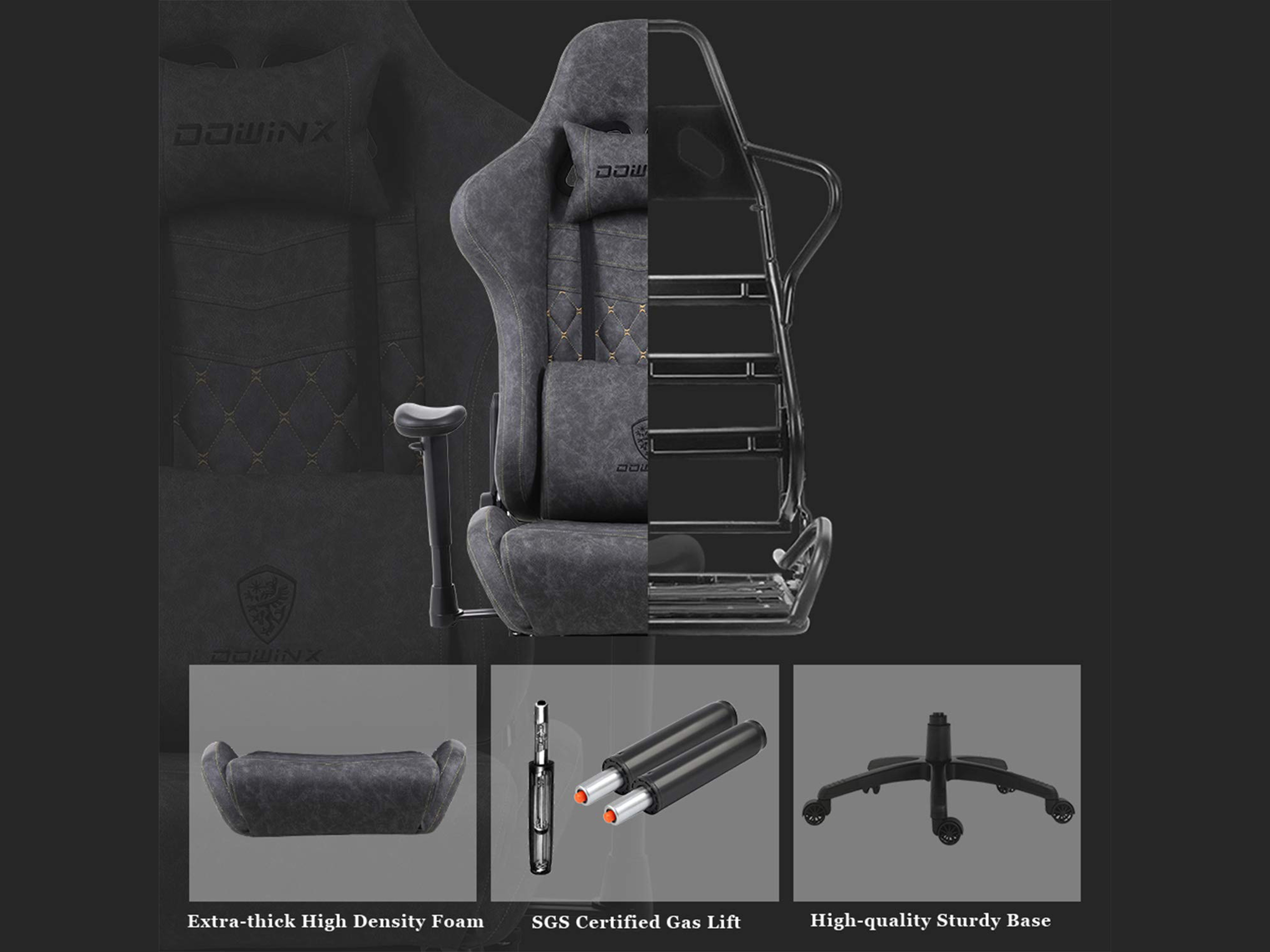 Dowinx Gaming Chair Ergonomic Retro Style Recliner with Massage Lumbar Support Office Armchair for Computer PU Leather with Retractable Footrest Grey