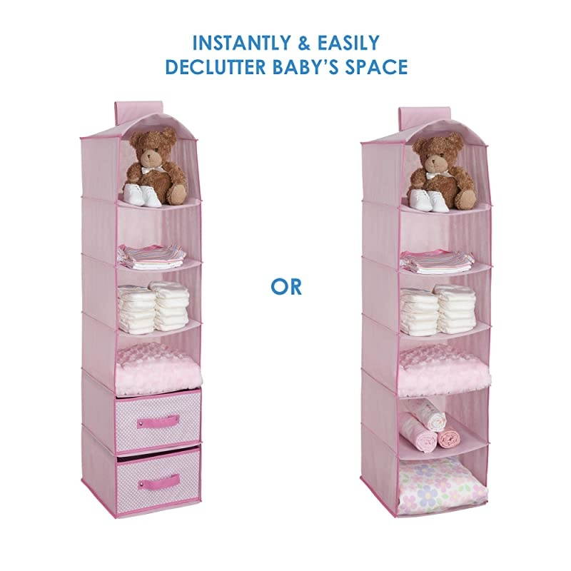 6 Shelf Hanging Wall Storage with 2 Drawers Easy StorageOrganization Solution Holds Sweaters Shirts Pants Accessories More Movable Drawers Allow for Customization Pink